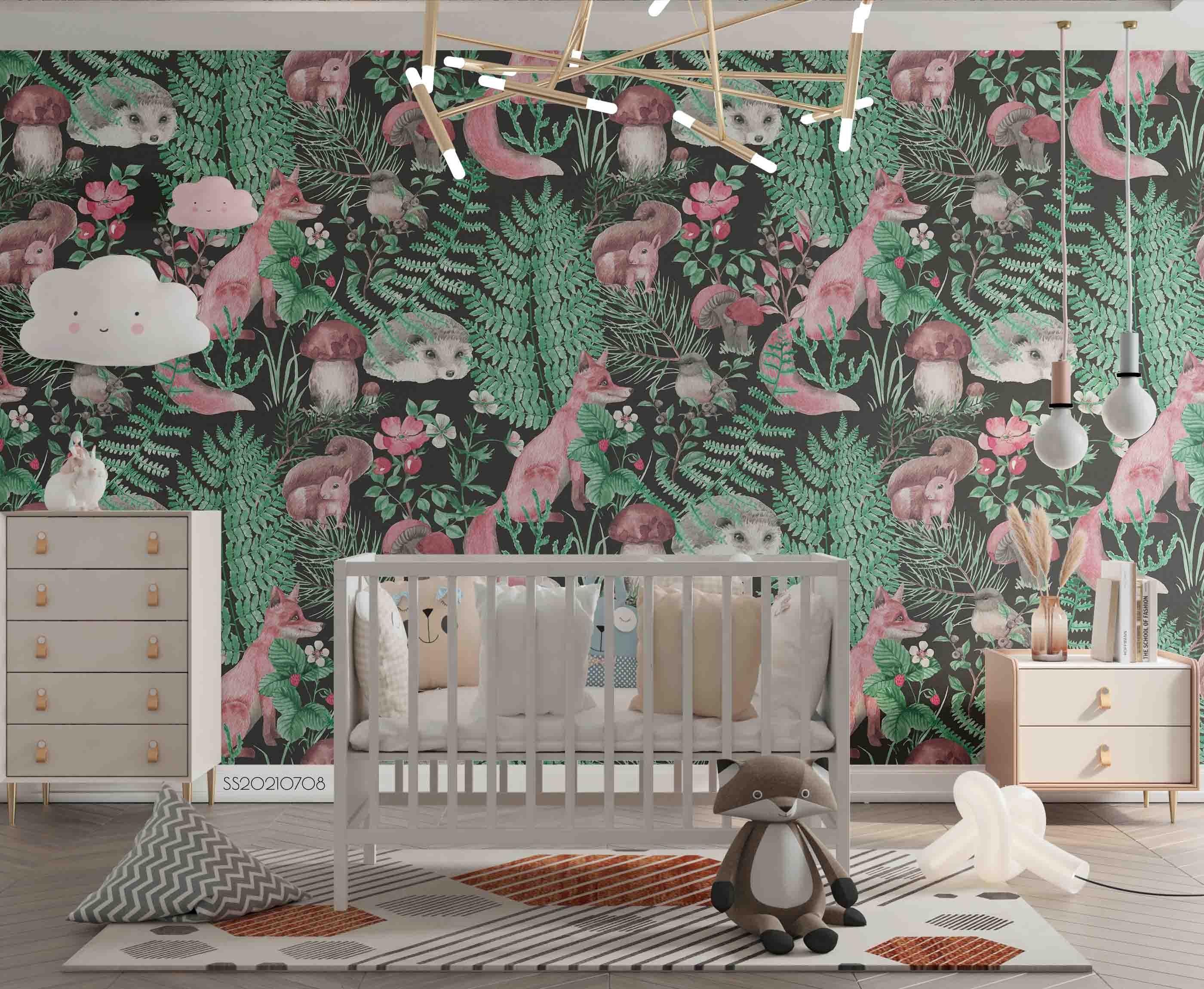 3D Hand Drawn Forest Leaf Animal Floral Squirrel Hedgehog Wall Mural Wallpaper LQH 110- Jess Art Decoration