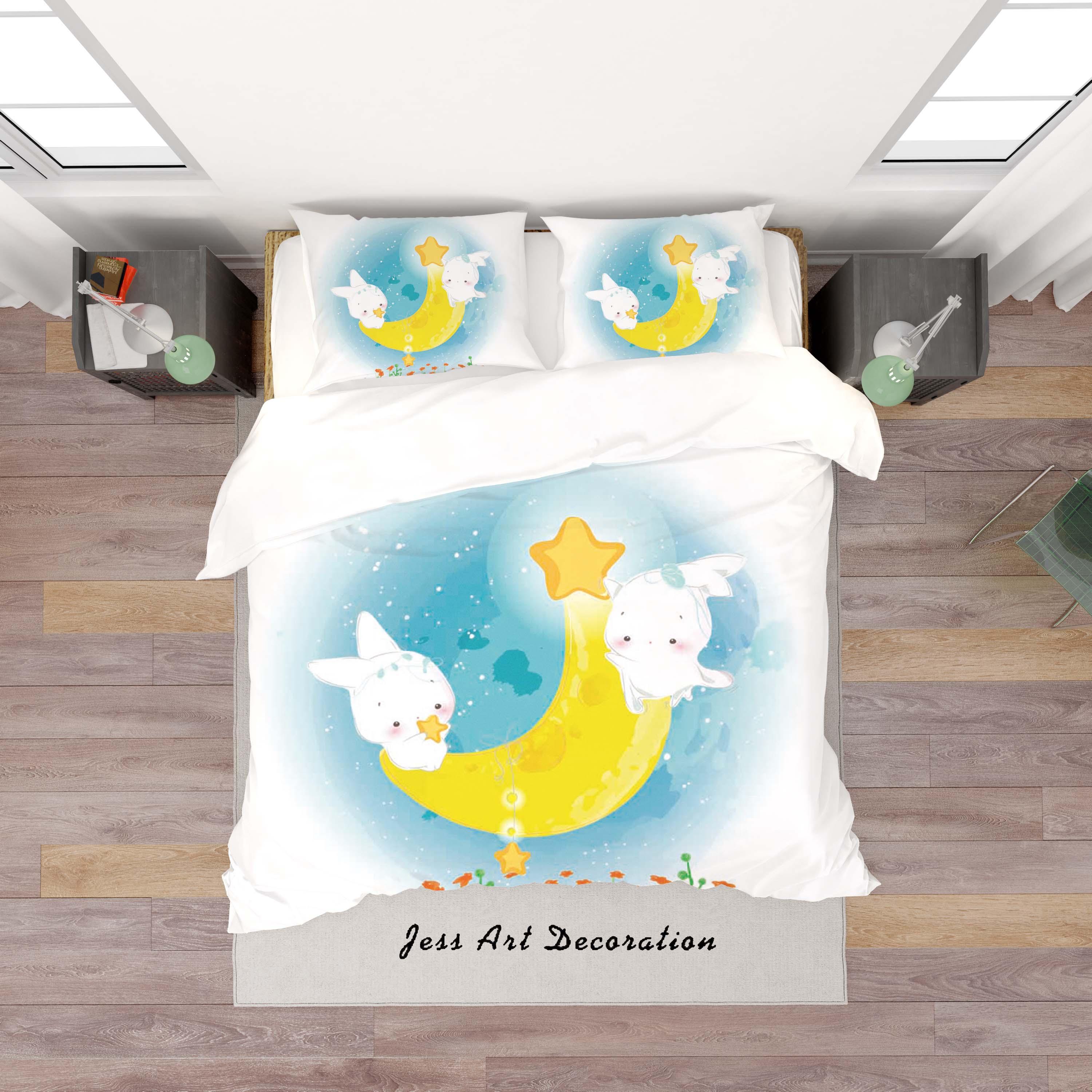 3D White Rabbit Moon Star Quilt Cover Set Bedding Set Duvet Cover Pillowcases SF92- Jess Art Decoration