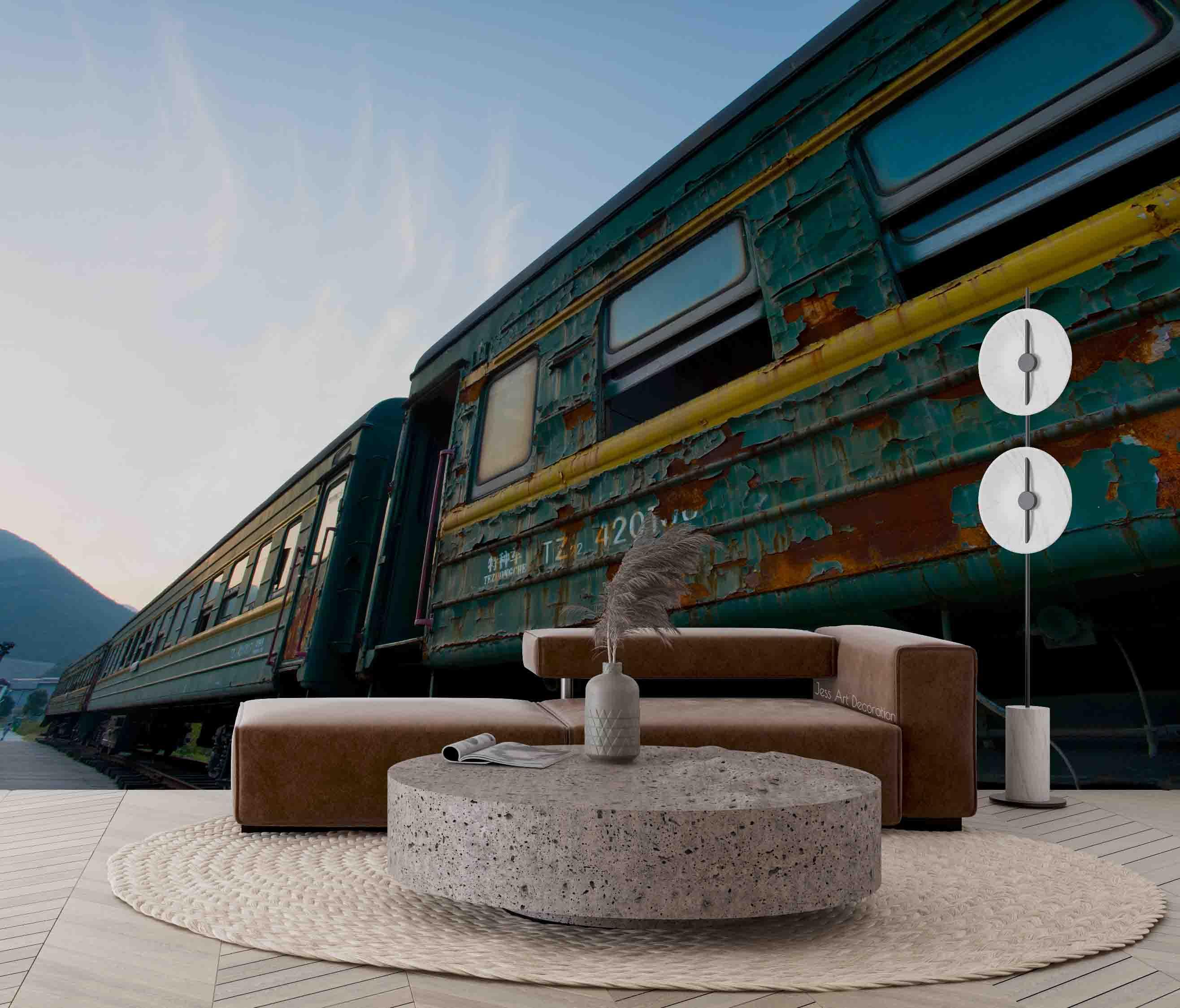3D Green Shabby Tin Train Wall Mural Wallpaper GD 2477- Jess Art Decoration