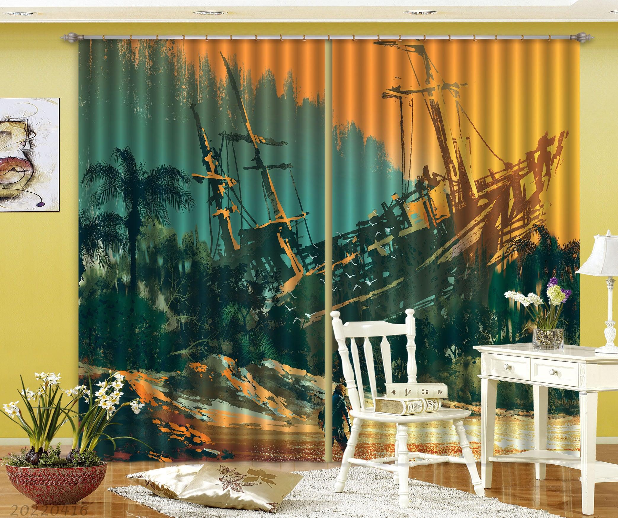 3D Castaway Island Beach Abandoned Boat Sunset Painting Curtains and Drapes GD 4698- Jess Art Decoration