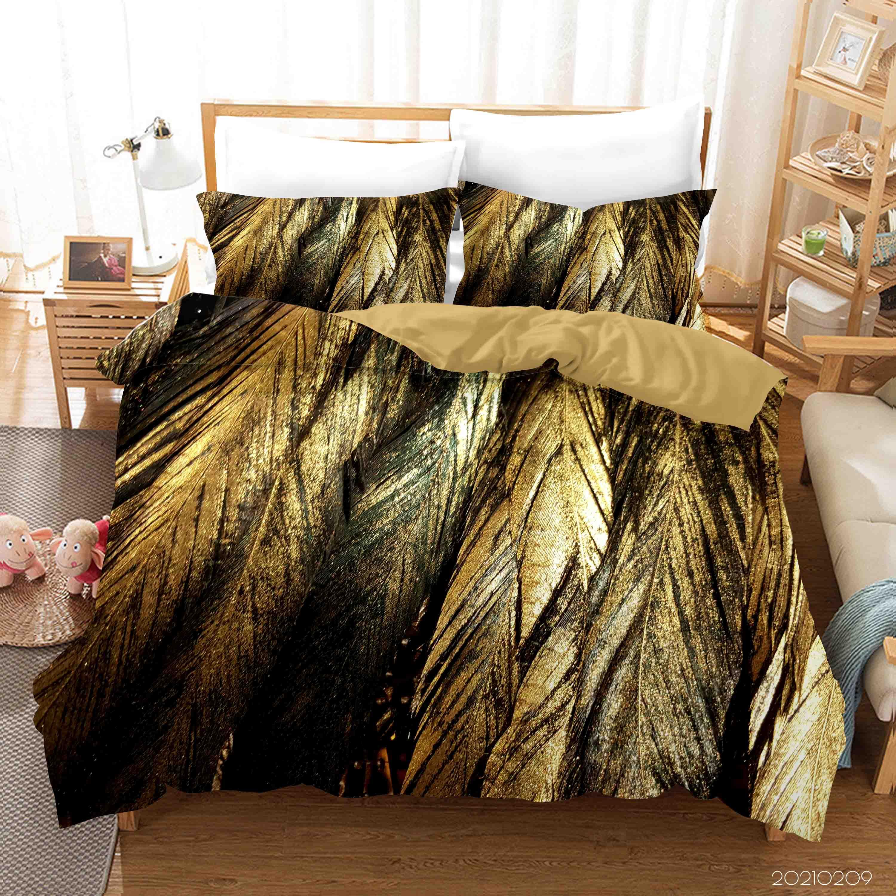 3D Hand Drawn Golden Feather Quilt Cover Set Bedding Set Duvet Cover Pillowcases 281- Jess Art Decoration