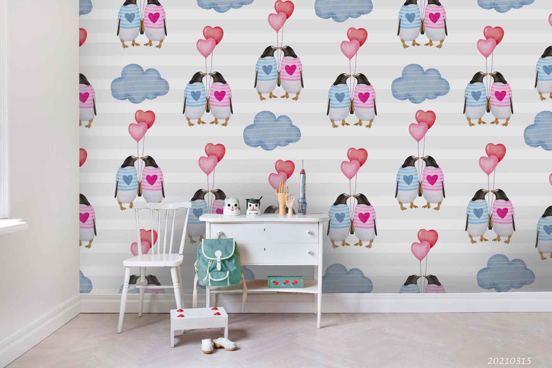 3D Cartoon Pink Cloud Penguin Love Wall Mural Wallpaper LQH 344- Jess Art Decoration