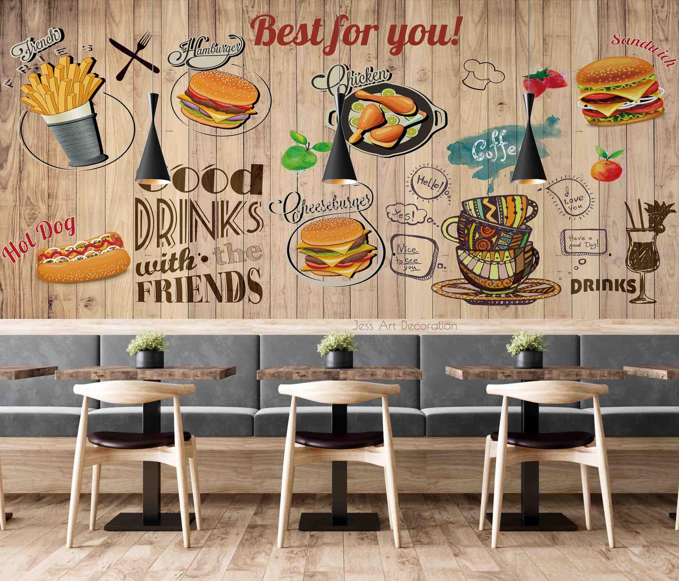 3D Fast Food Plank Background Pattern Wall Mural Wallpaper GD 3374- Jess Art Decoration