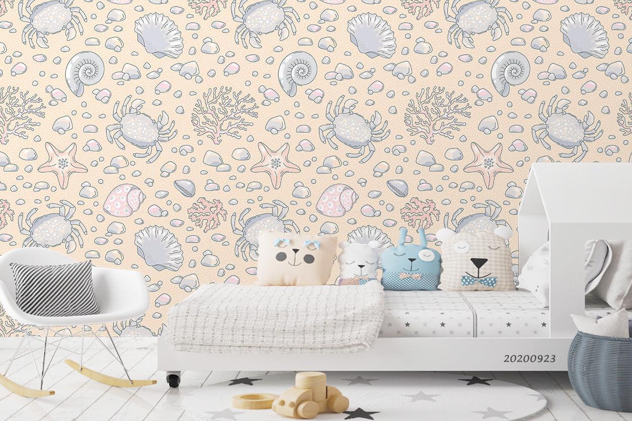 3D Cartoon Crab Seashell Starfish Shells Wall Mural Wallpaper WJ 3180- Jess Art Decoration