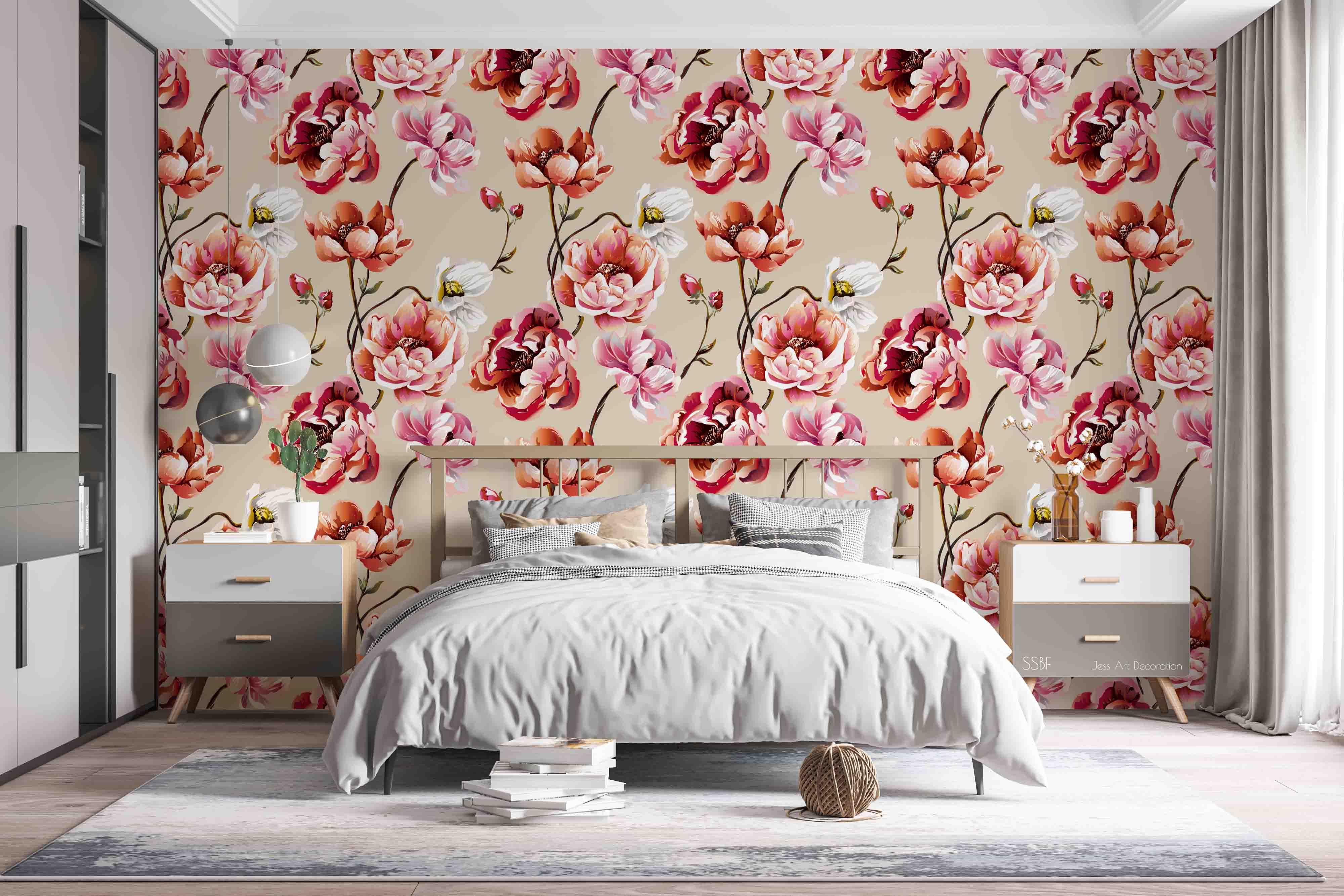 3D Vintage Baroque Art Blooming Pink Peony Watercolor Background Wall Mural Wallpaper GD 3573- Jess Art Decoration