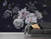 3D Vintage Baroque Art Peony Lily Butterfly Black Background Wall Mural Wallpaper GD 3584- Jess Art Decoration