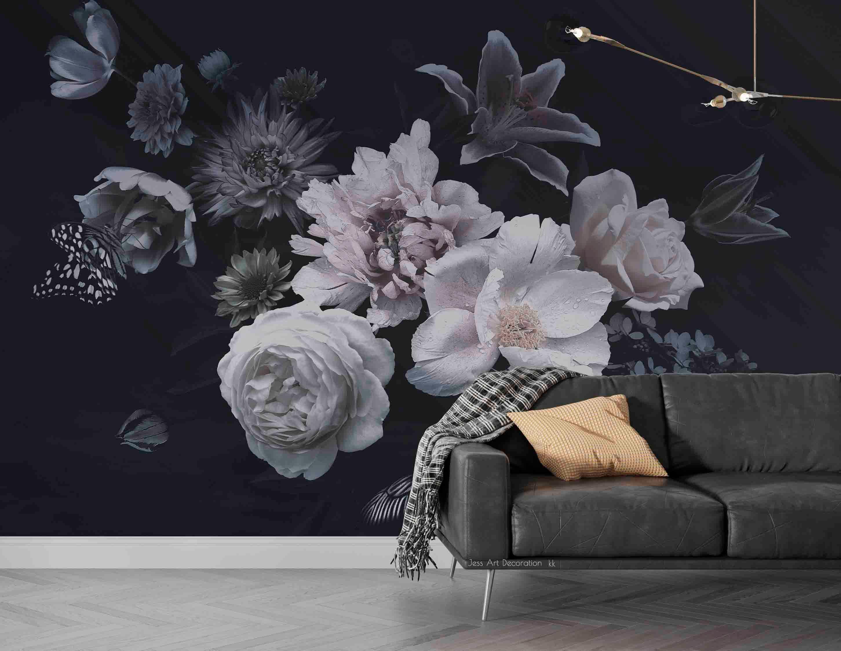 3D Vintage Baroque Art Peony Lily Butterfly Black Background Wall Mural Wallpaper GD 3584- Jess Art Decoration