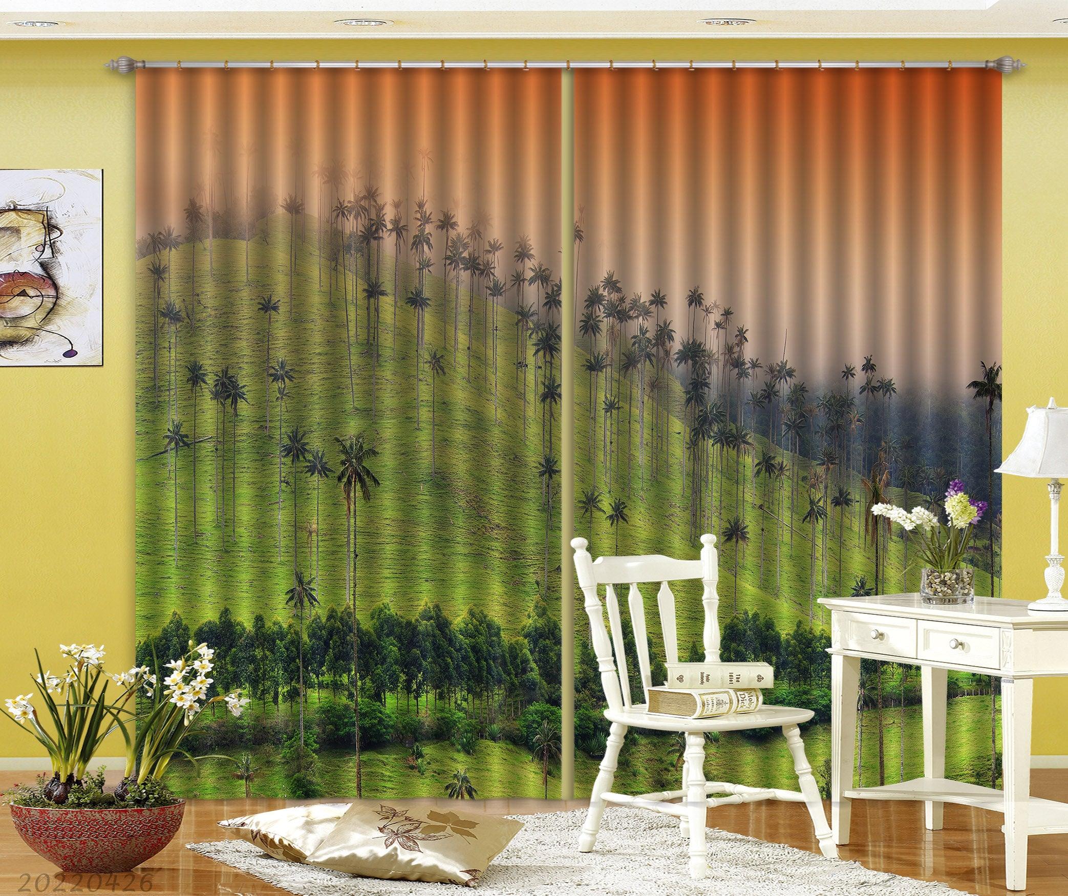 3D Landscape Mountain Green Tree Grass Orange Sky Curtains and Drapes GD 4749- Jess Art Decoration