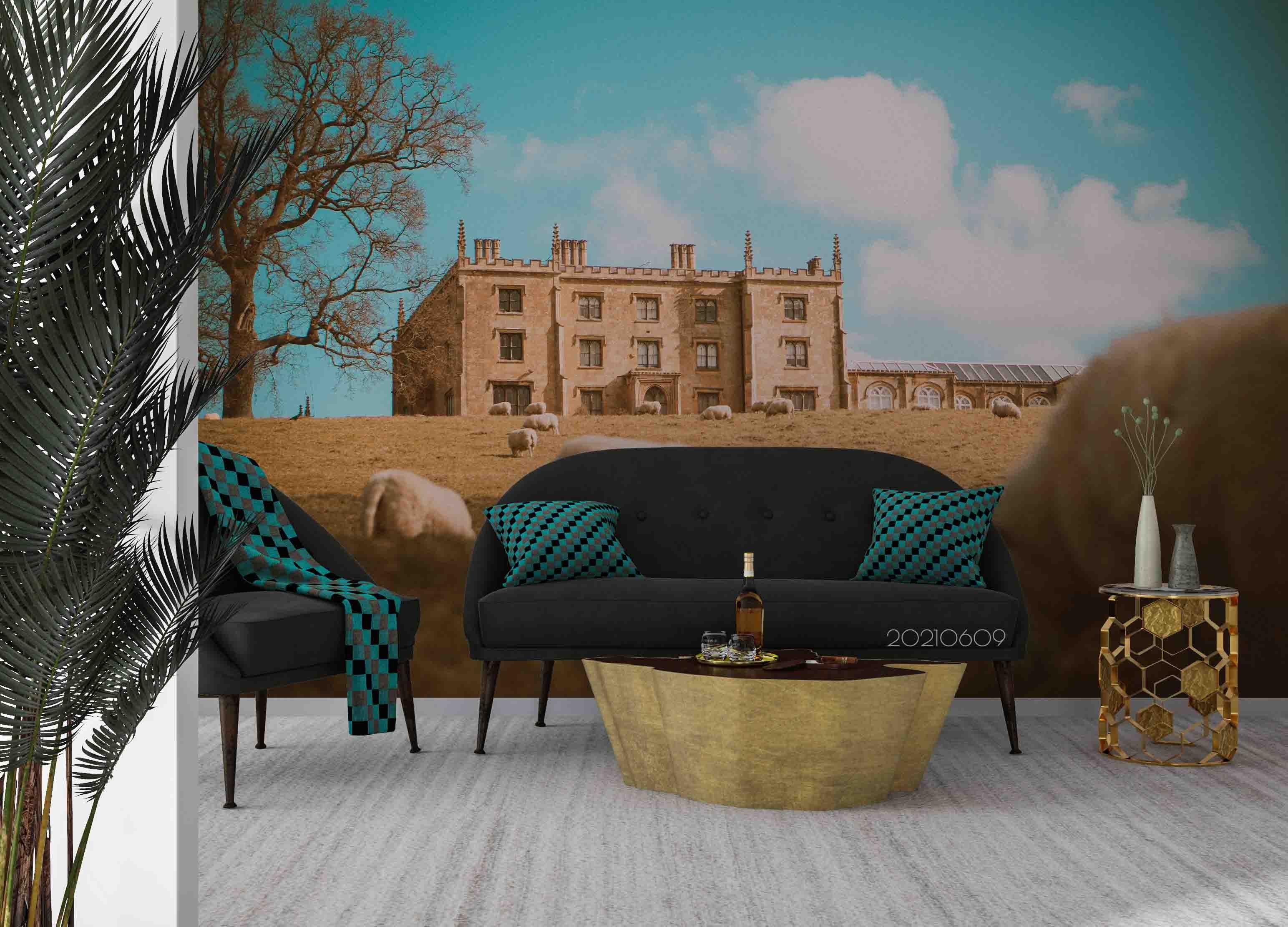 3D Rural Pastoral Grassland House Sky Cloud Sheep  Wall Mural Wallpaper SWW1689- Jess Art Decoration