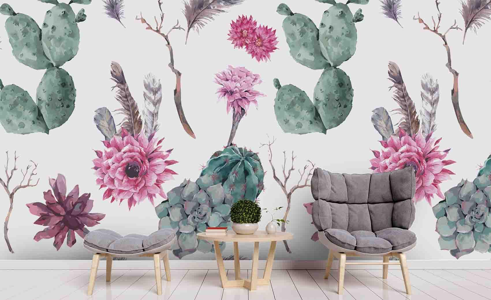 3D Cactus Flowers Feather Wall Mural Wallpaper SF39- Jess Art Decoration