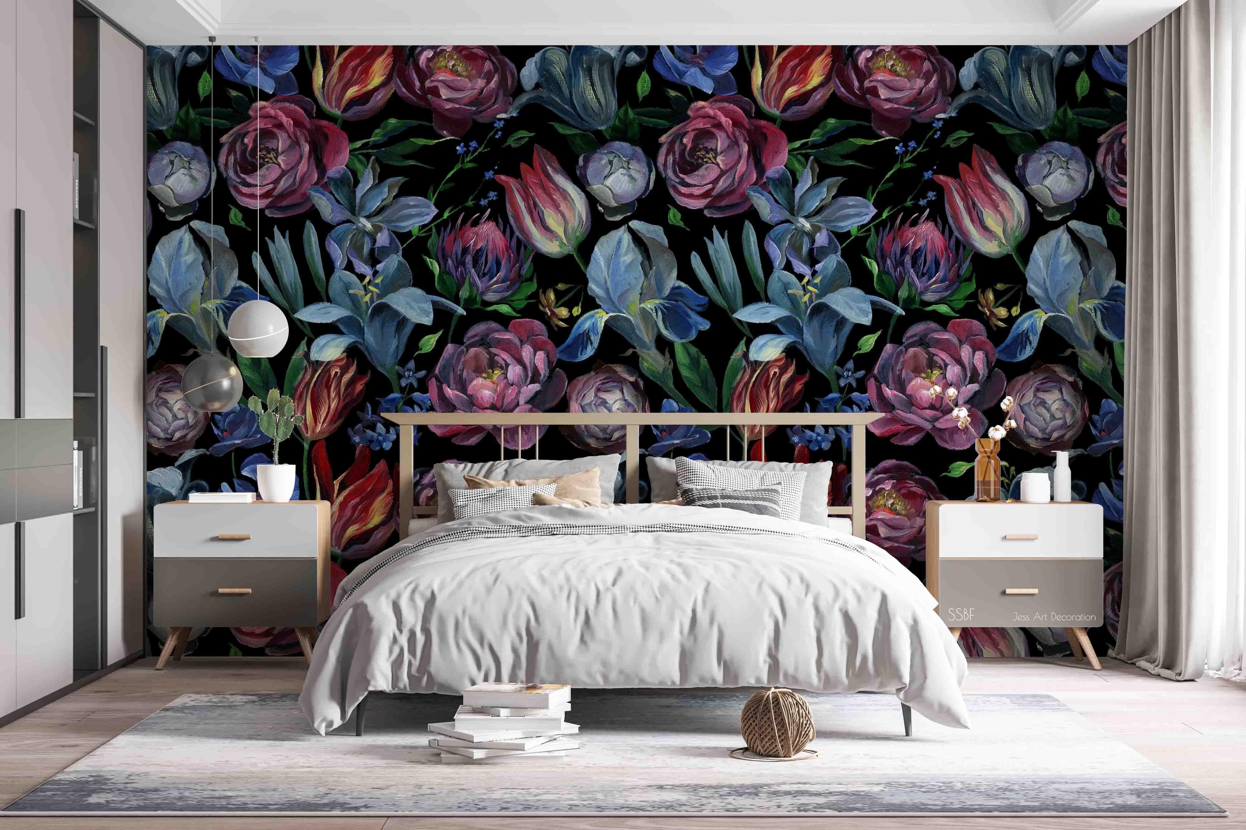 3D Vintage Baroque Art Blue Pink Flowers Oil Painting Wall Mural Wallpaper GD 3595- Jess Art Decoration
