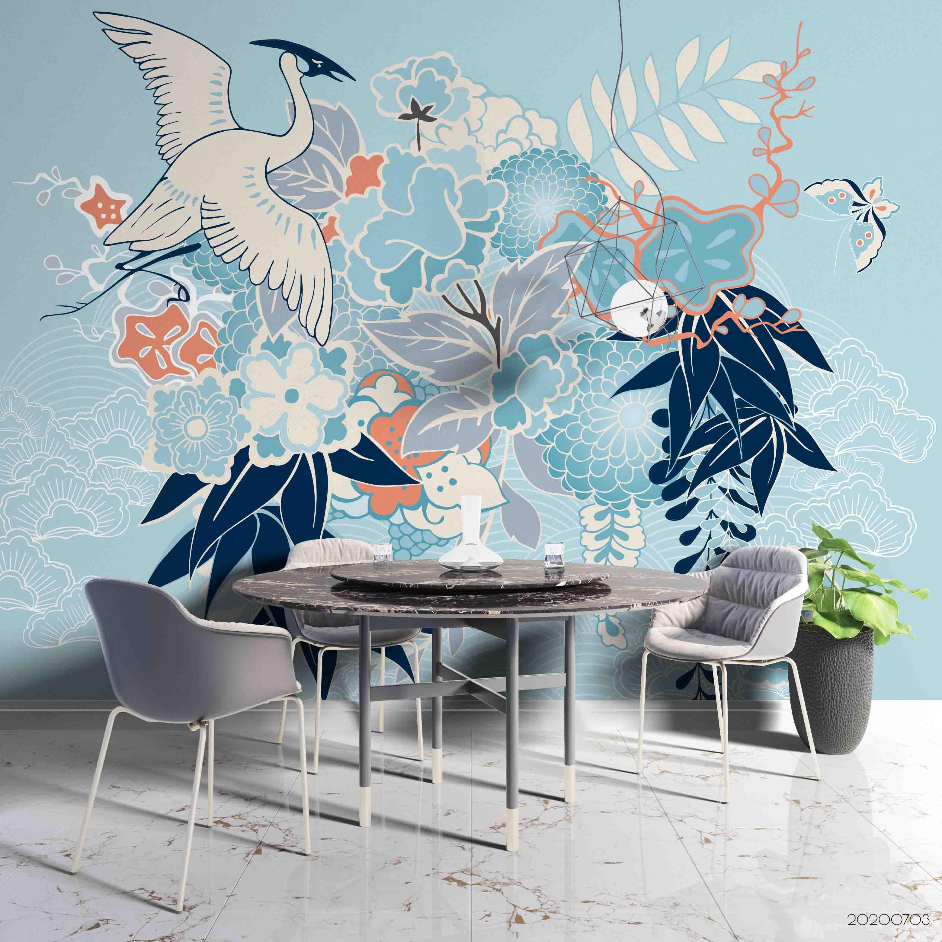 3D Blue Floral Crane Wall Mural Wallpaper SF55- Jess Art Decoration