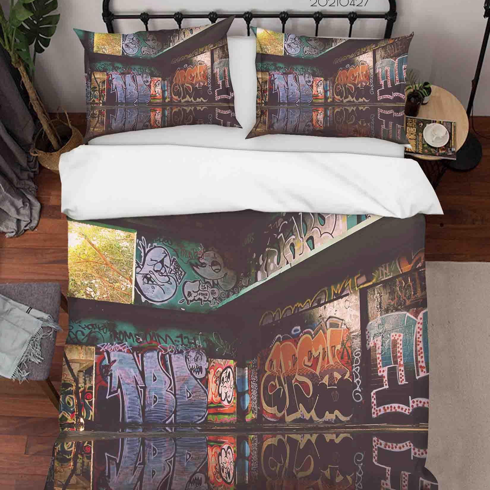 3D Abstract Colored Street Graffiti Quilt Cover Set Bedding Set Duvet Cover Pillowcases 67- Jess Art Decoration