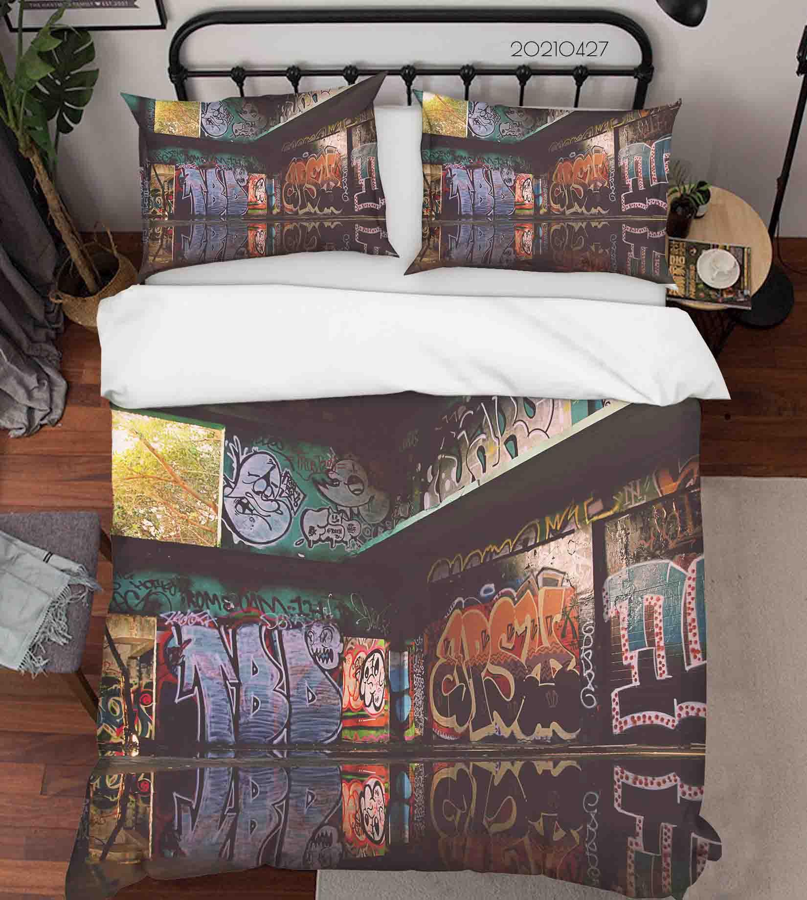 3D Abstract Colored Street Graffiti Quilt Cover Set Bedding Set Duvet Cover Pillowcases 67- Jess Art Decoration