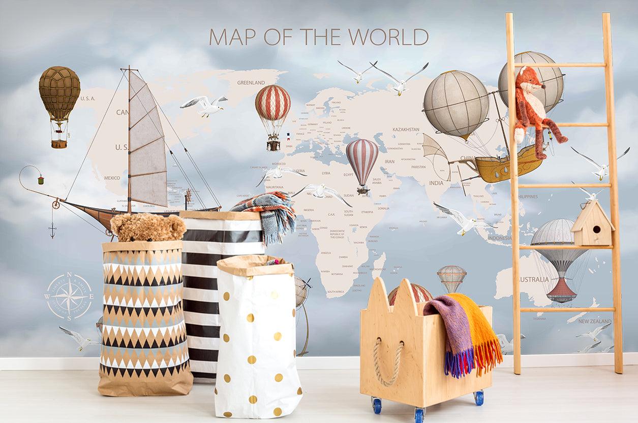 3D World Map Hot Air Balloon Wall Mural Wallpaper LQH 17- Jess Art Decoration