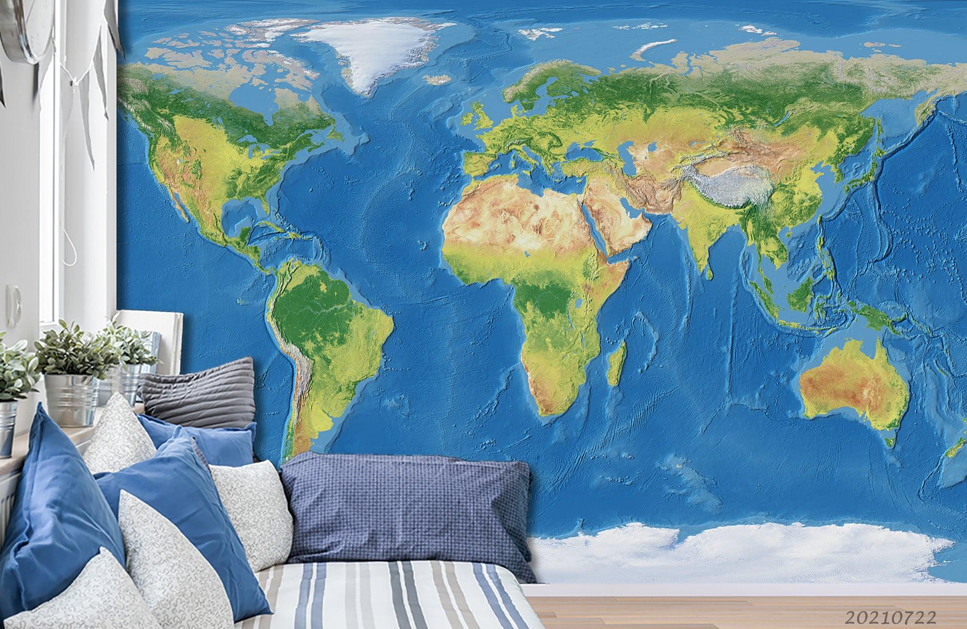 3D Blue World Map Wall Mural Wallpaper LQH 395- Jess Art Decoration