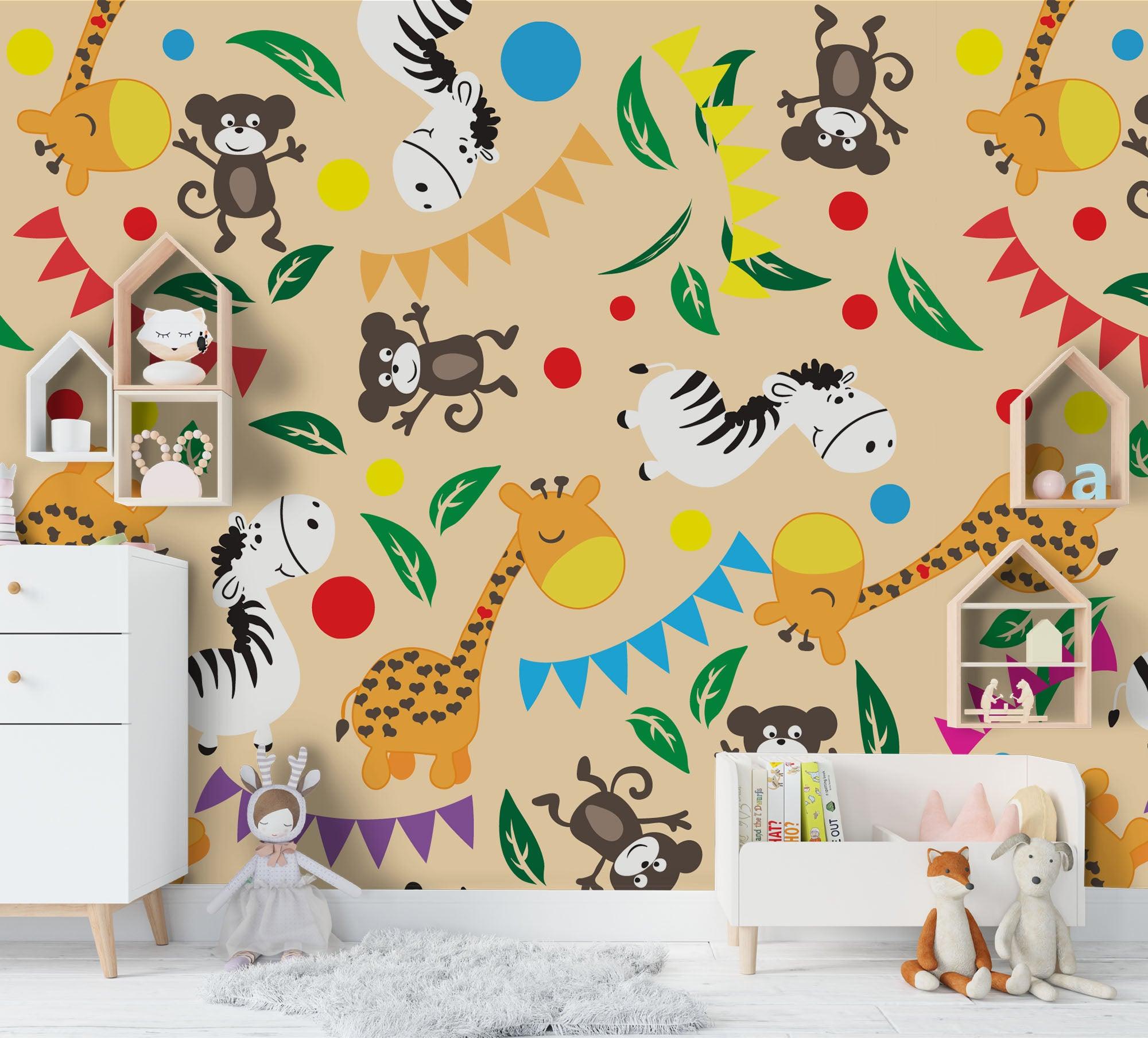 3D Cartoon Giraffe Monkey Wall Mural Wallpaper 141- Jess Art Decoration