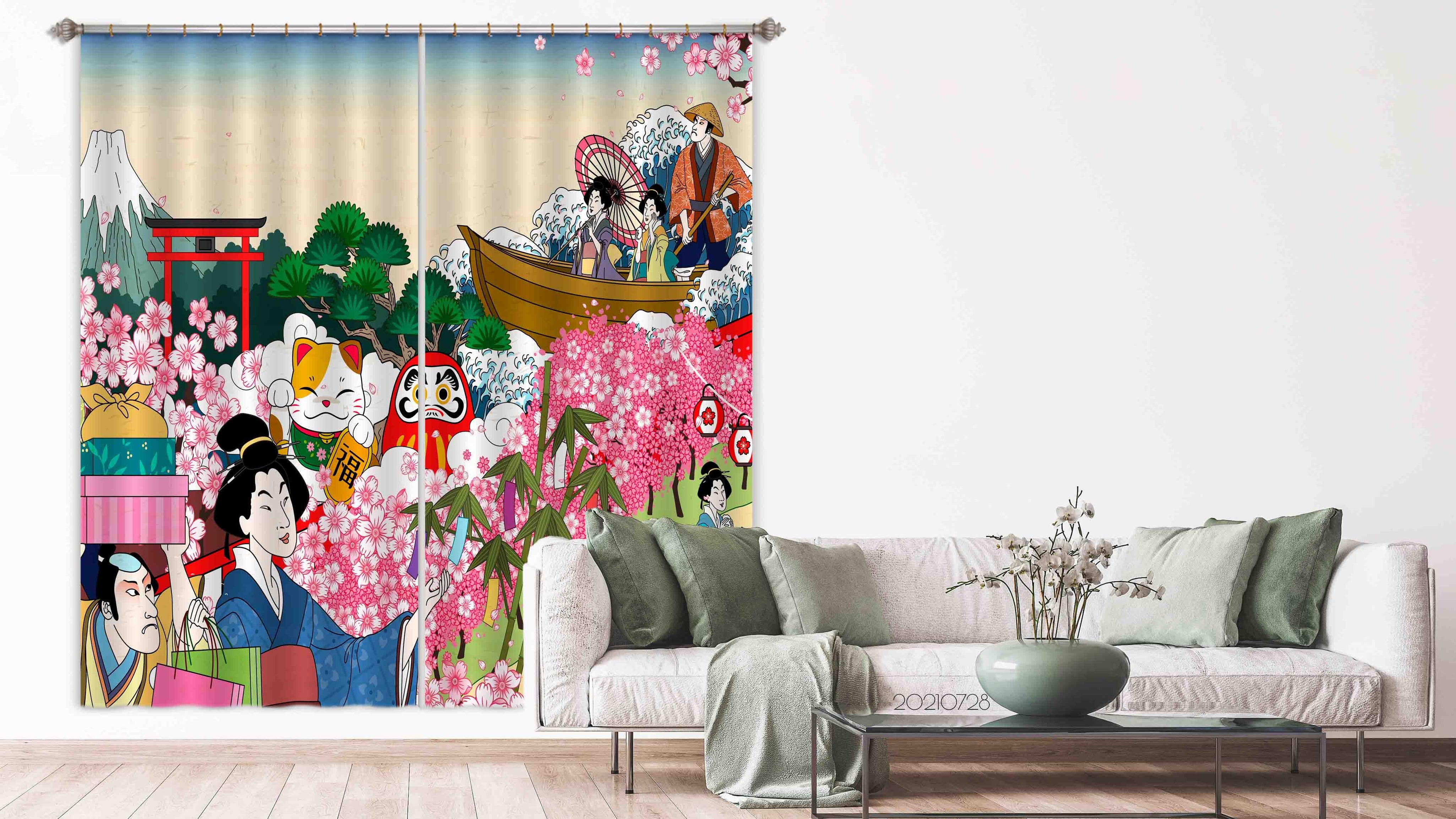 3D Japanese Cherry Blossom Landscape Curtains and Drapes LQH 72- Jess Art Decoration