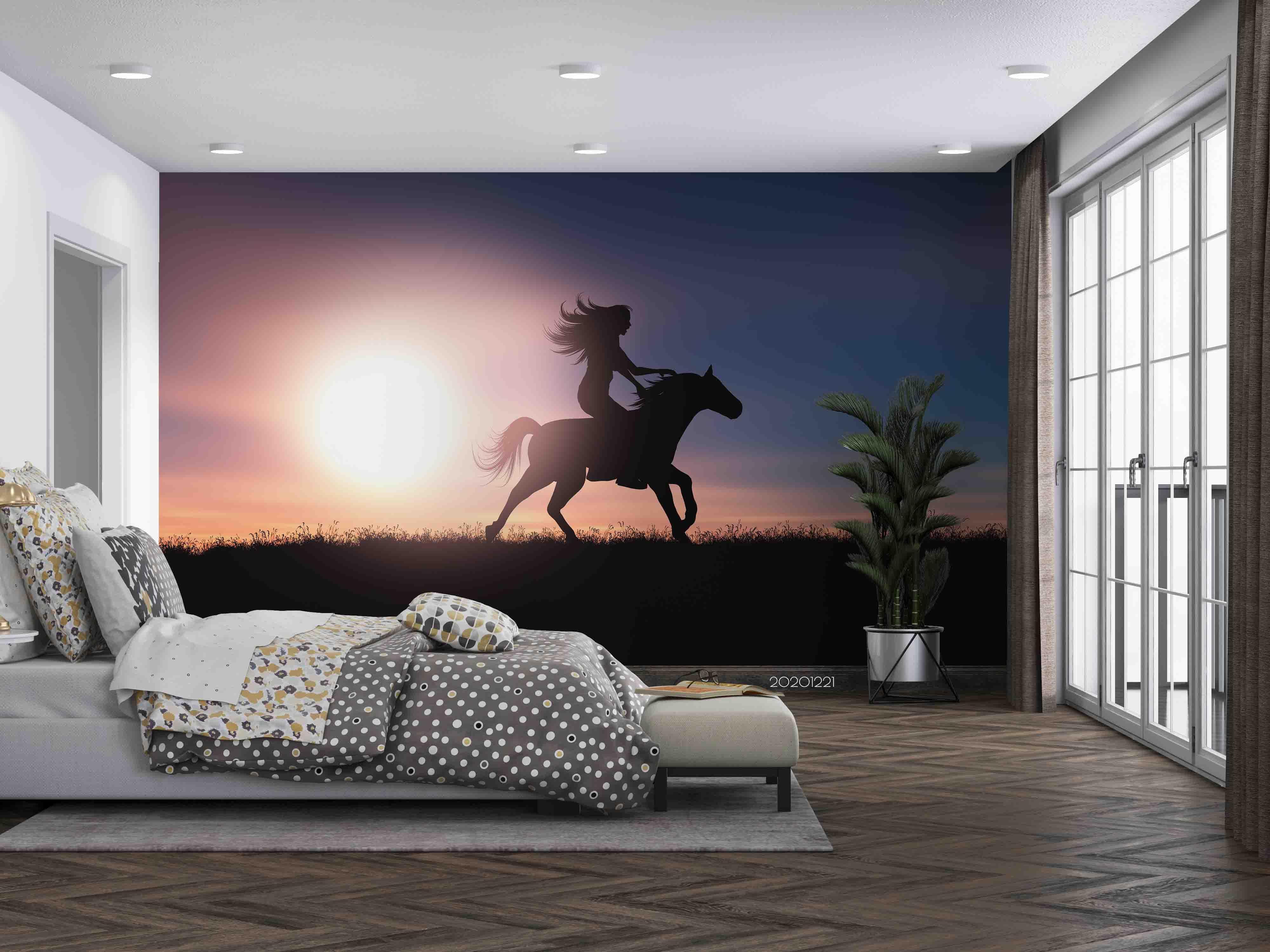 3D Sunset Sky Girl Riding Horse Wall Mural Wallpaper LQH 11- Jess Art Decoration