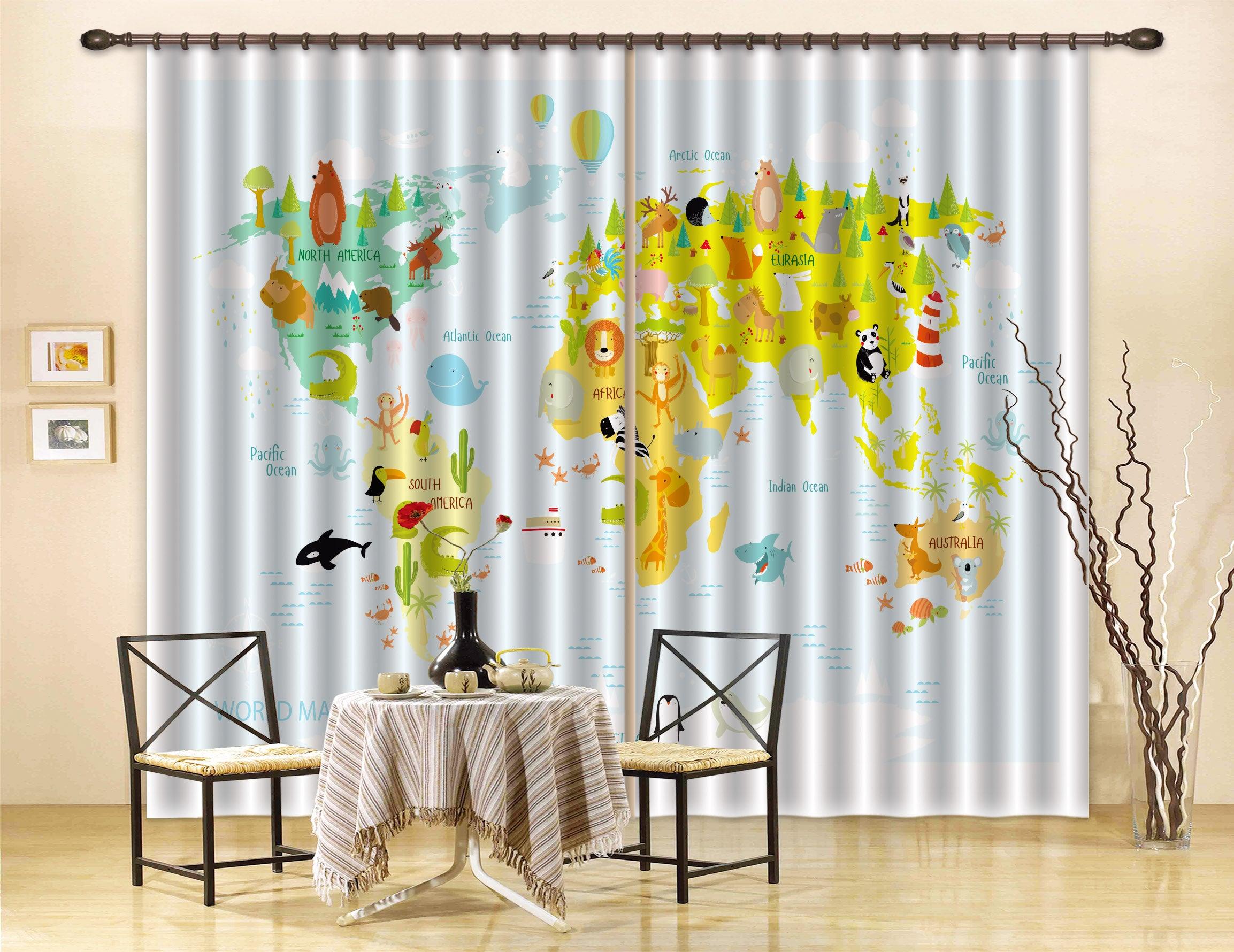 3D Yellow World Map Curtains and Drapes LQH A602- Jess Art Decoration