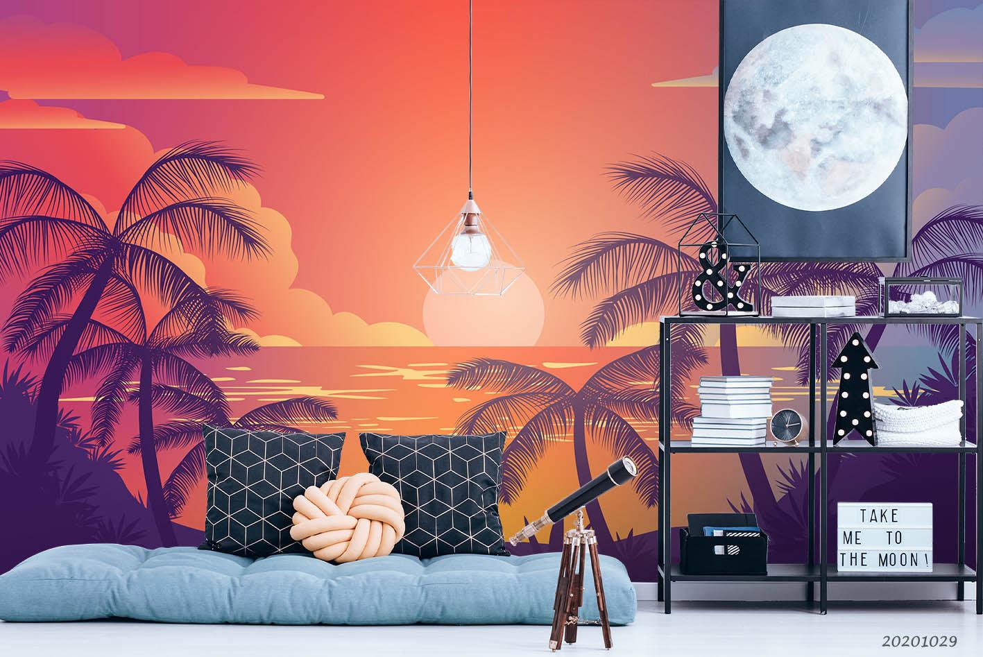 3D Colorful Sunrise Coconut Tree Silhouettes Wall Mural Wallpaper WJ 9786- Jess Art Decoration