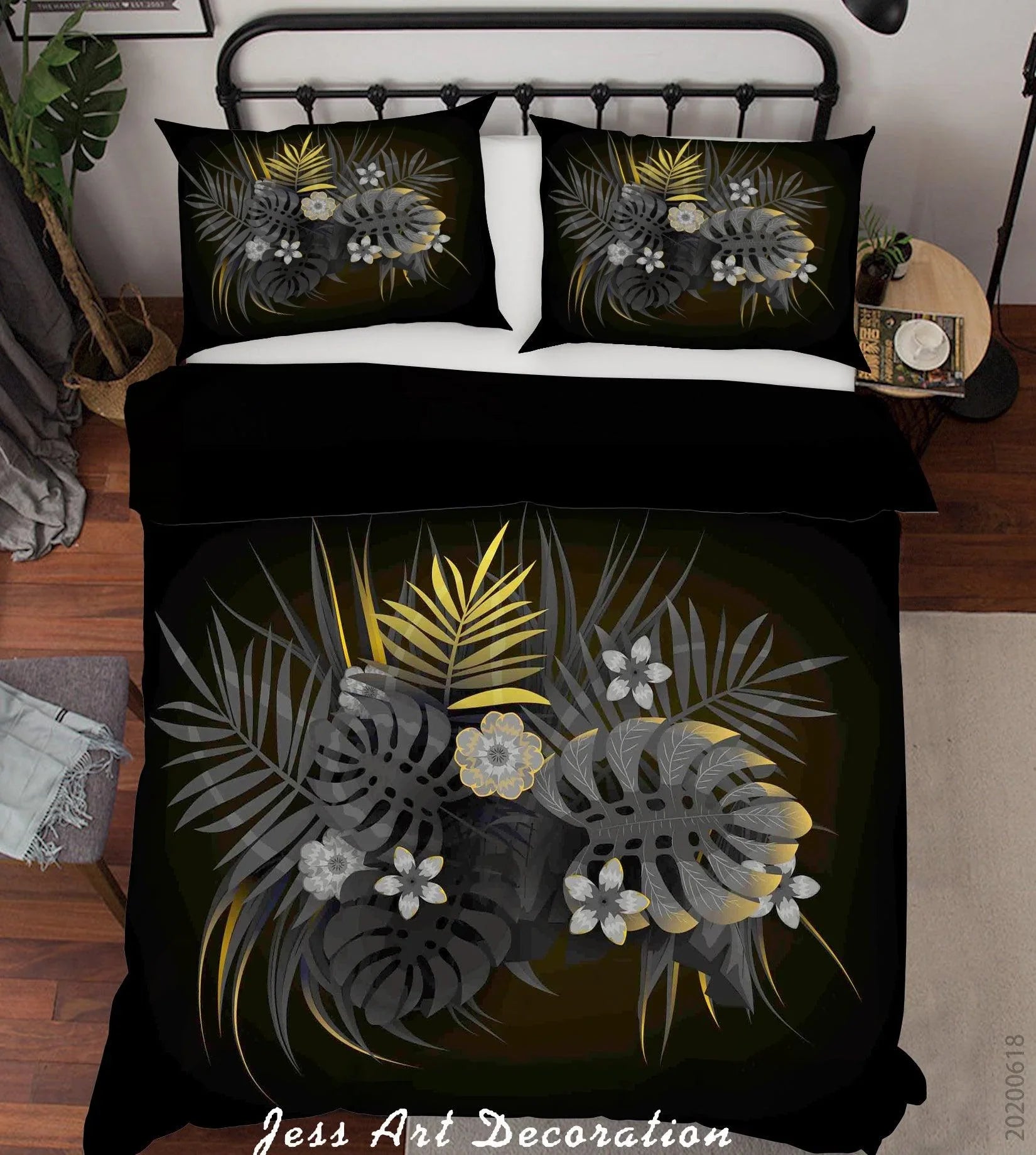 3D Black Floral Leaves Quilt Cover Set Bedding Set Duvet Cover Pillowcases SF90- Jess Art Decoration