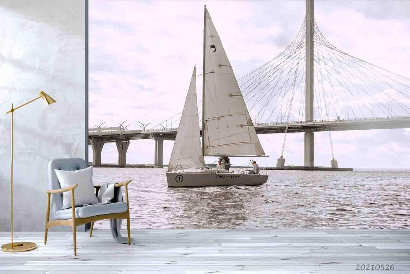 3D Sailboat Sea Bridge Wall Mural Wallpaper SWW293- Jess Art Decoration