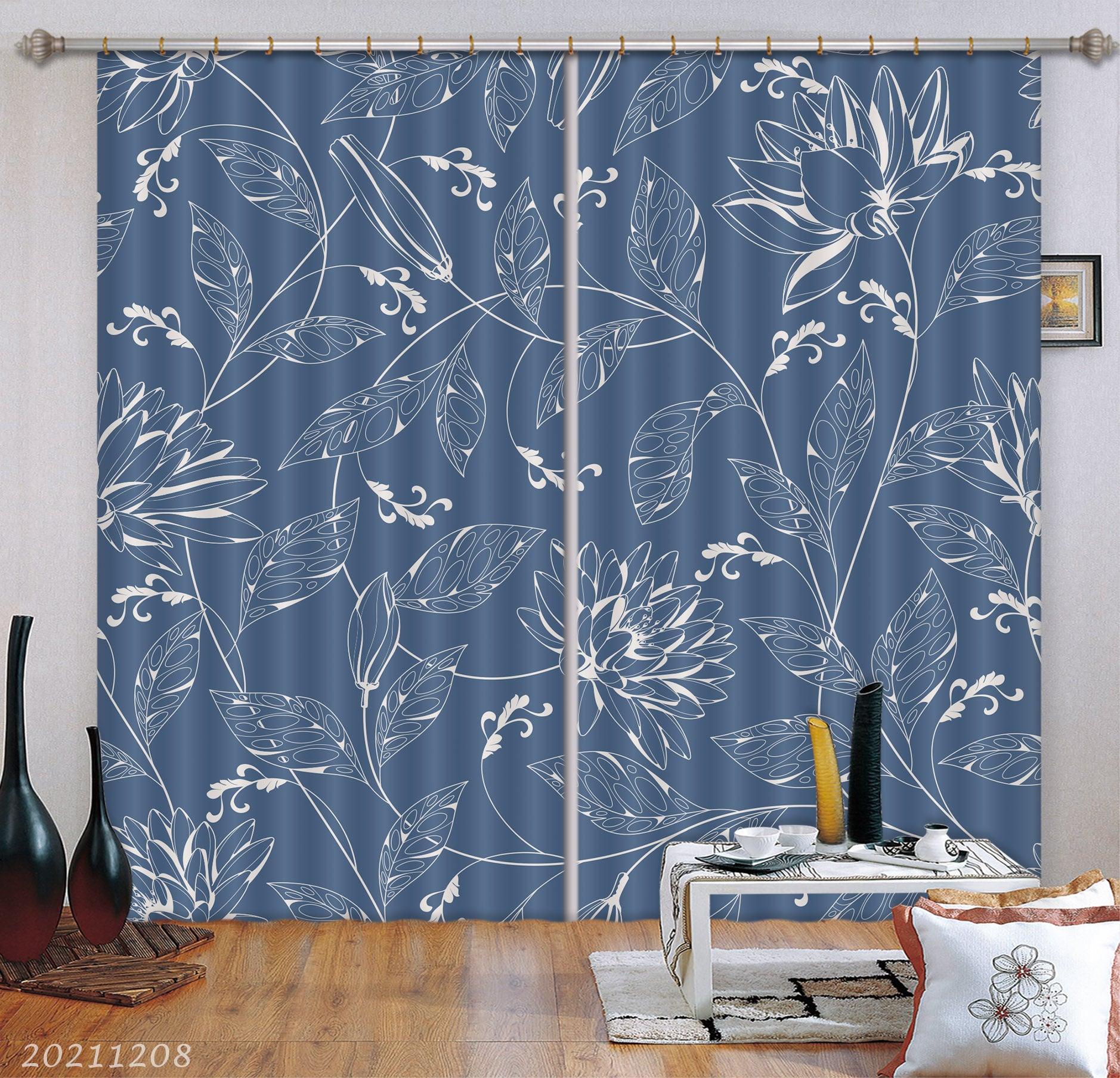3D Hand Drawn Floral Daisy Leaf Blue Curtains and Drapes LLL 713- Jess Art Decoration