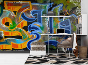 Abstract Graffiti Blue Yellow Pattern Wallpaper urban graffiti wall mural for teen room, studio or feature wall