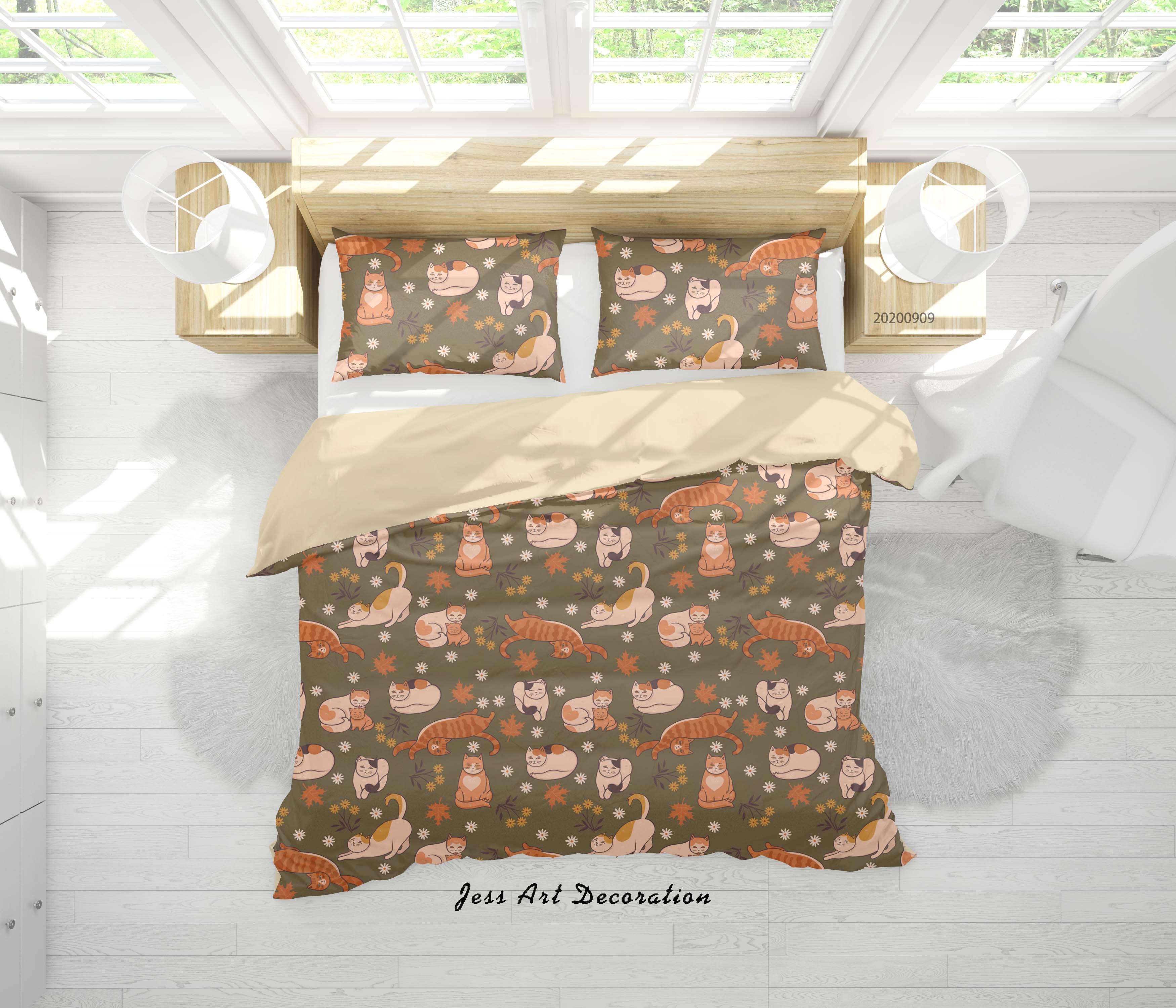3D Hand Drawn Cat Leaves Quilt Cover Set Bedding Set Duvet Cover Pillowcases WJ 1963- Jess Art Decoration