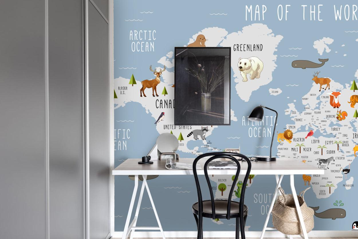 3D Blue World Animal Map Wall Mural Wallpaper LQH 54- Jess Art Decoration