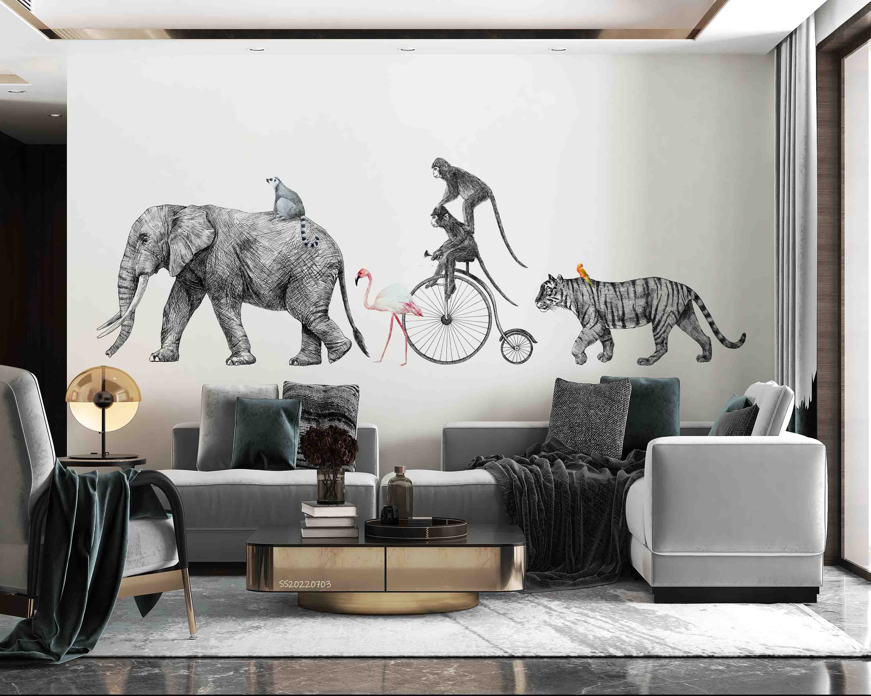 3D Safari Elephant Tiger Monkey Flamingo Bike Wall Mural Wallpaper GD 1030- Jess Art Decoration