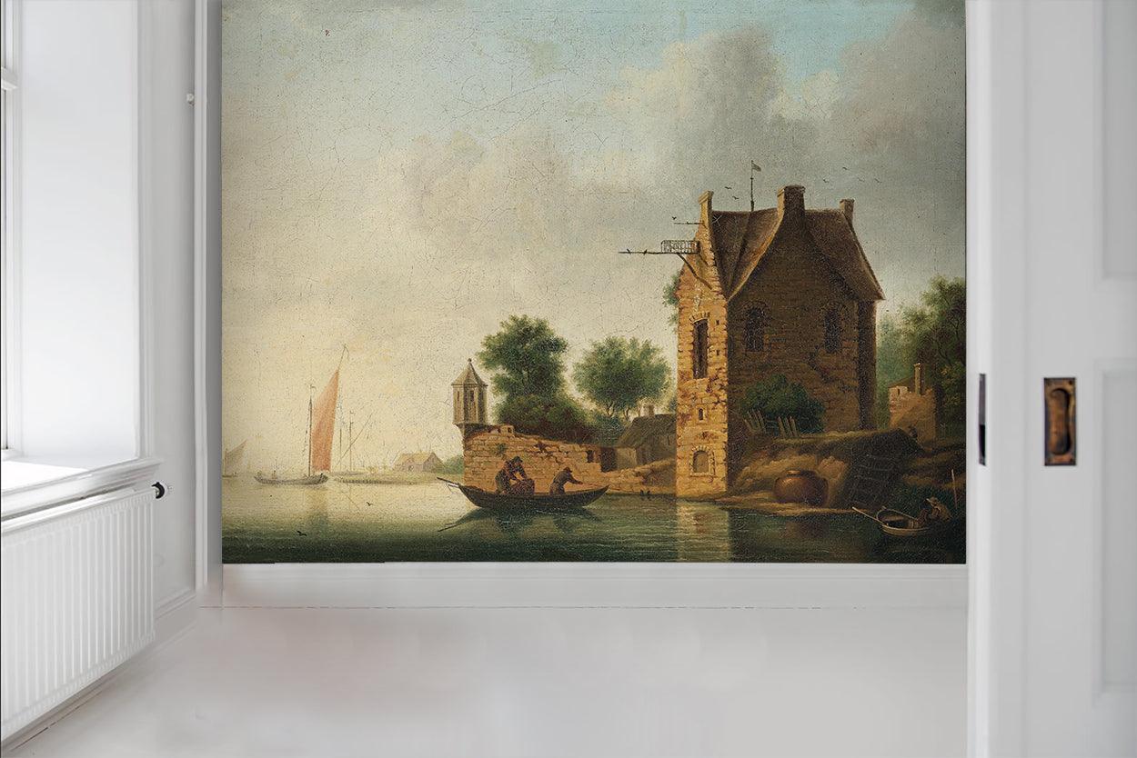 3D house trees river boat wall mural wallpaper 03- Jess Art Decoration