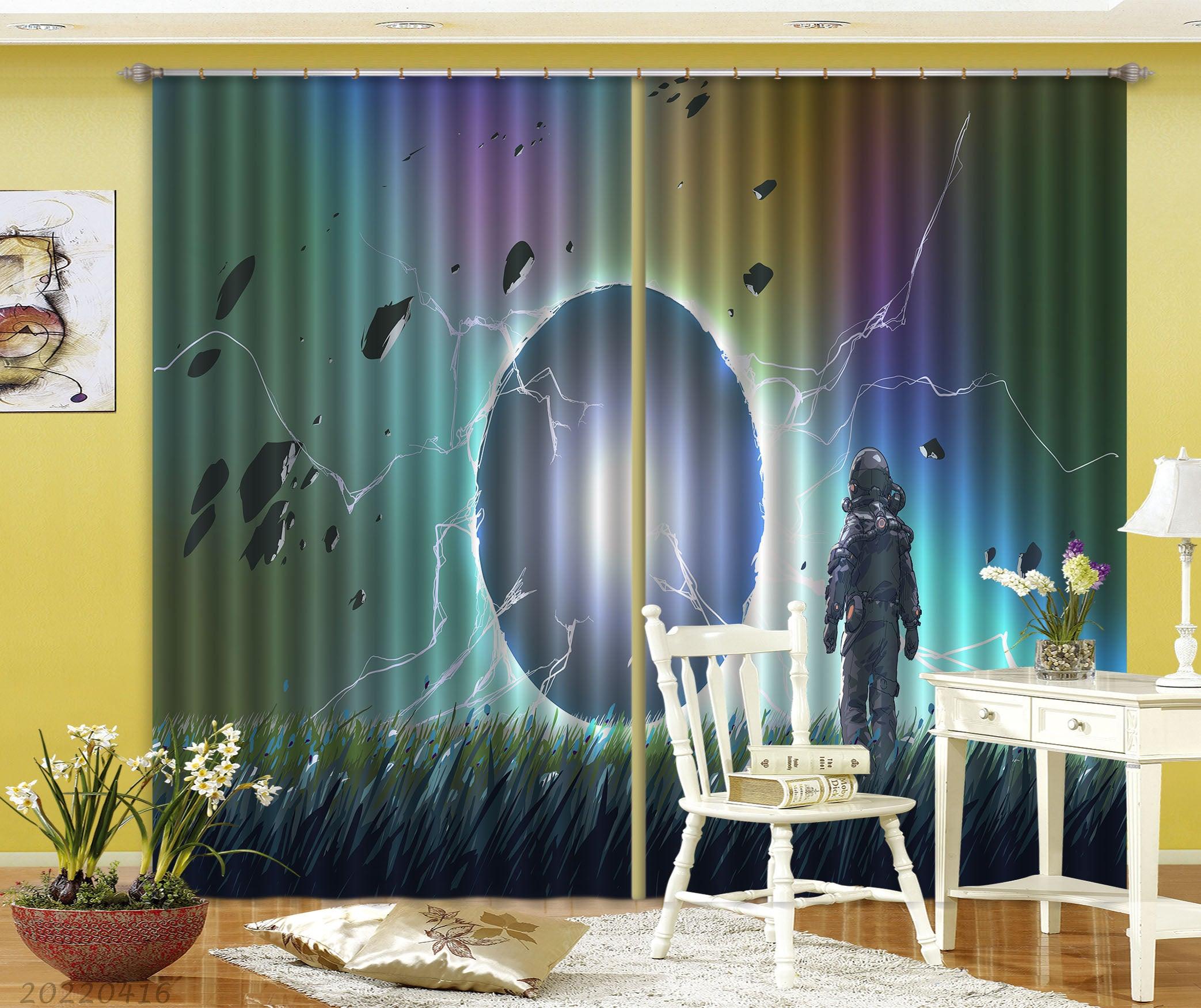 3D Abstract Astronaut Planet Grass Meteorite Painting Curtains and Drapes GD 4714- Jess Art Decoration