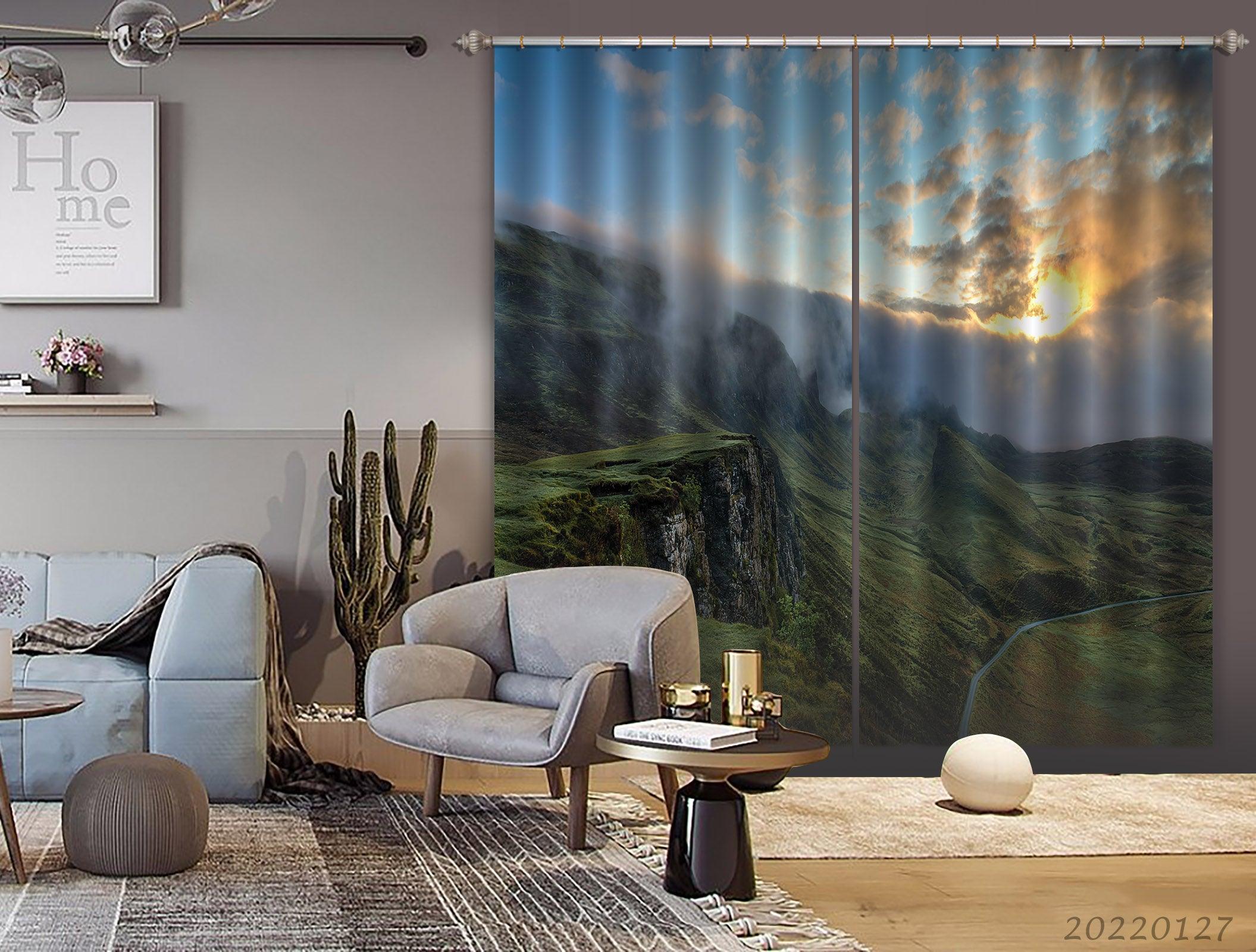 3D Green Mountain Fog Golden Sunbeam Cloud Scenery Curtains and Drapes GD 1396- Jess Art Decoration