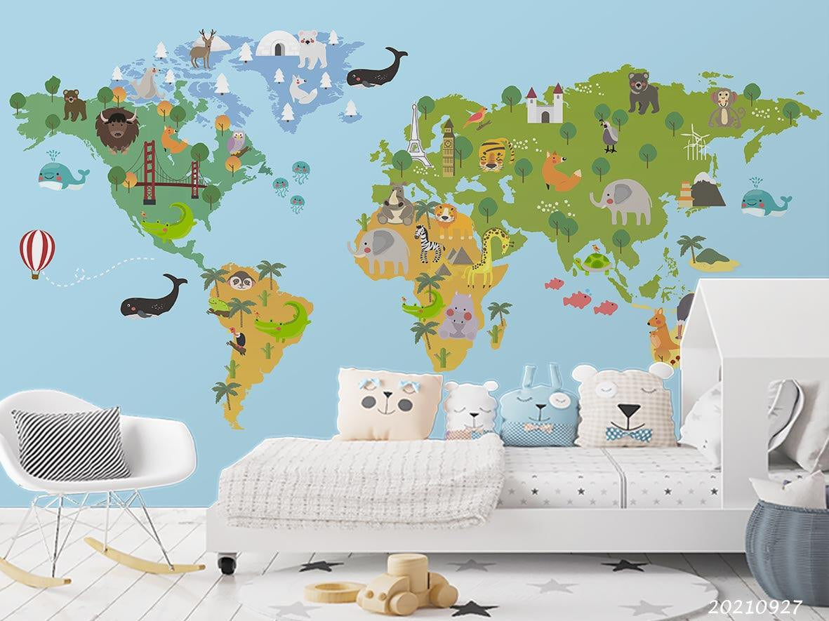 3D Blue World Map Kids Wall Mural Wallpaper LQH 153- Jess Art Decoration