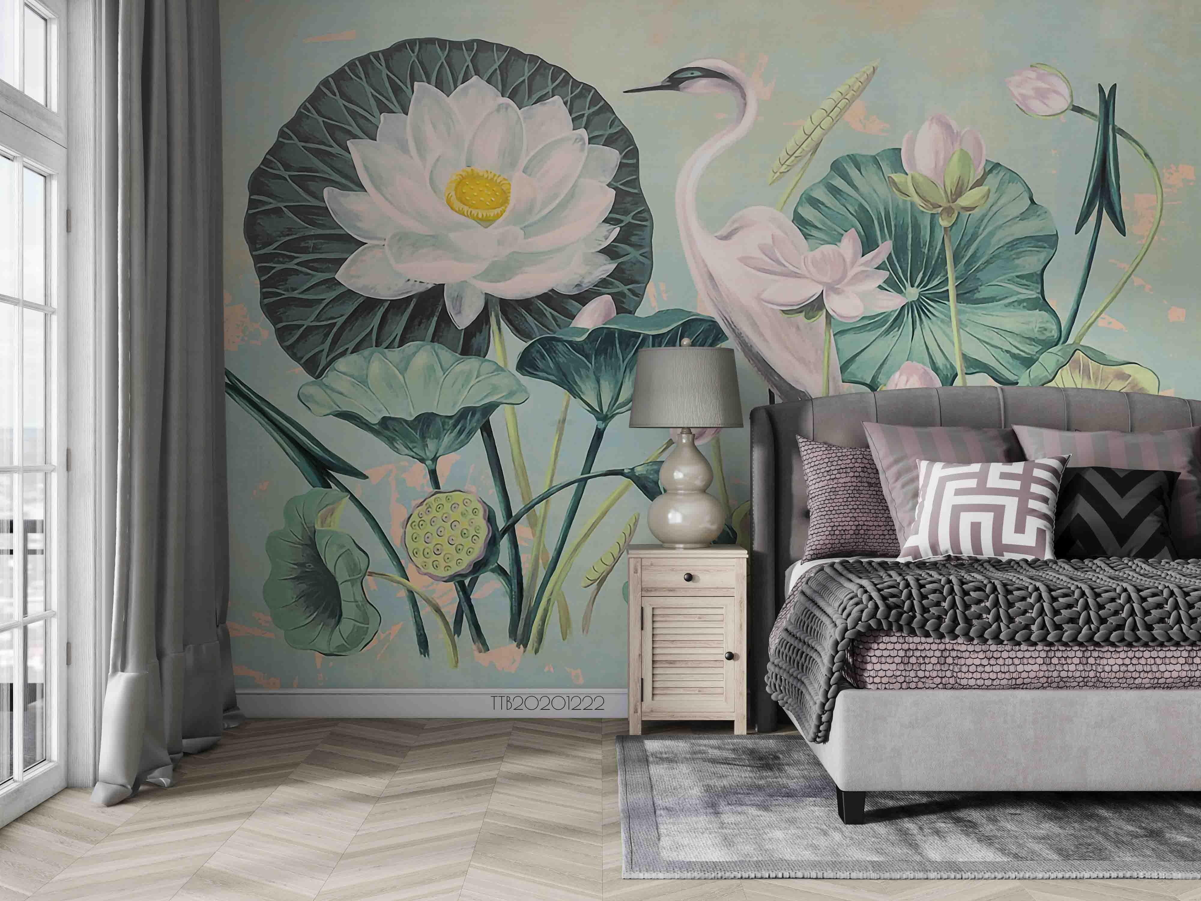 3D Hand Drawn Lotus White Crane Wall Mural Wallpaper LQH 127- Jess Art Decoration