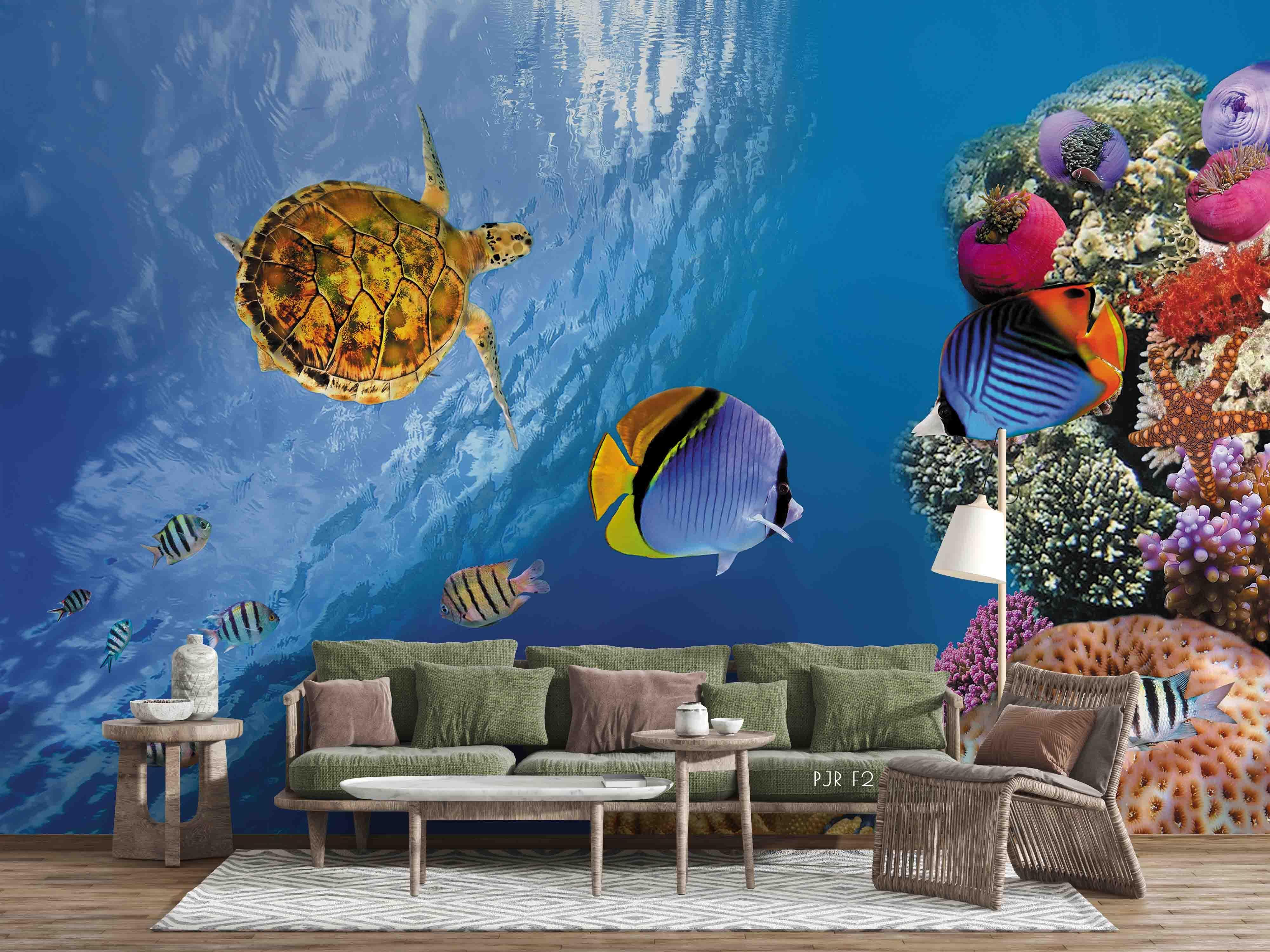3D Turtle Clownfish Reef sea turtle clownfish reef mural wall mural wallpaper for living room