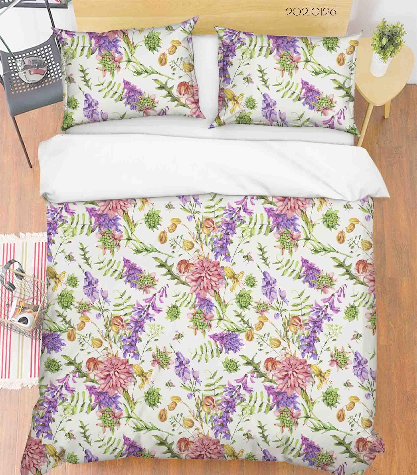 3D Hand Drawn Pink Purple Floral Quilt Cover Set Bedding Set Duvet Cover Pillowcases 88- Jess Art Decoration