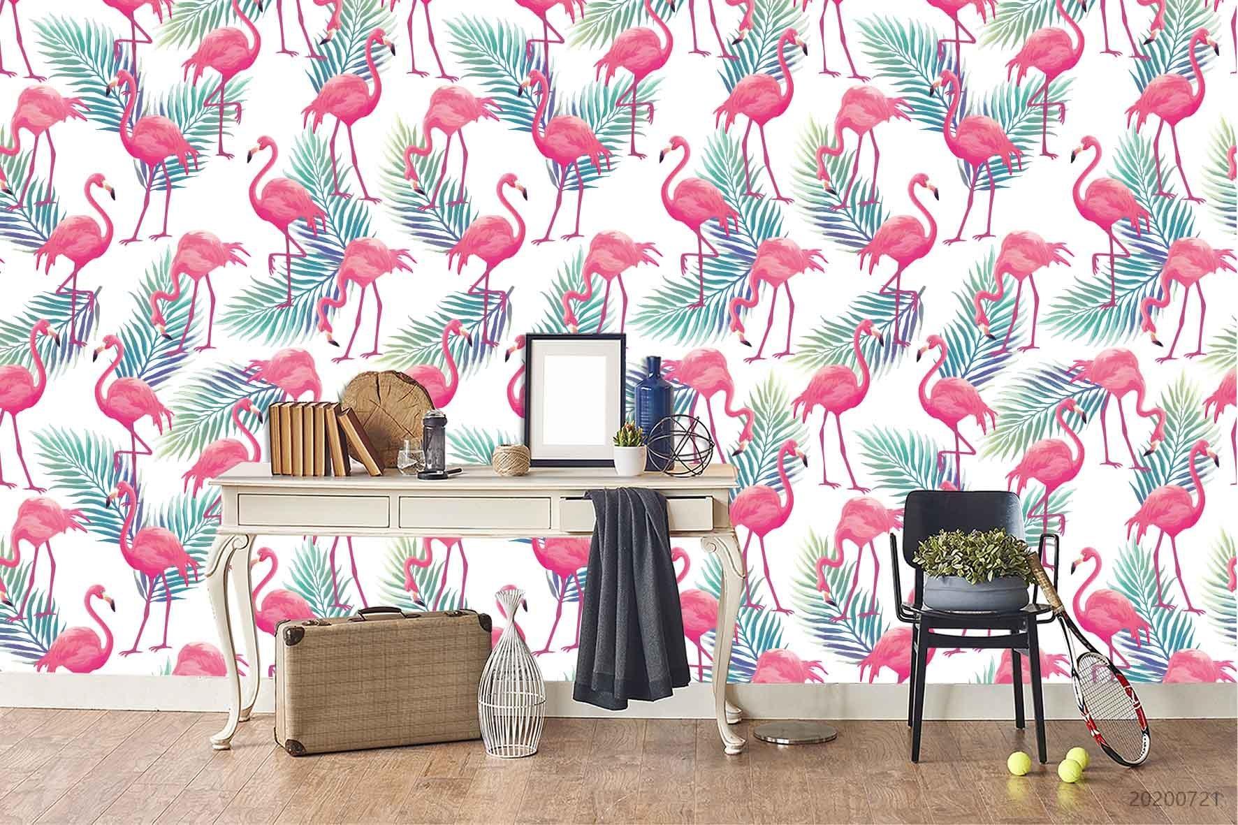 3D Watercolour Leaves Flamingo Pattern Wall Mural Wallpaper JN 1341- Jess Art Decoration