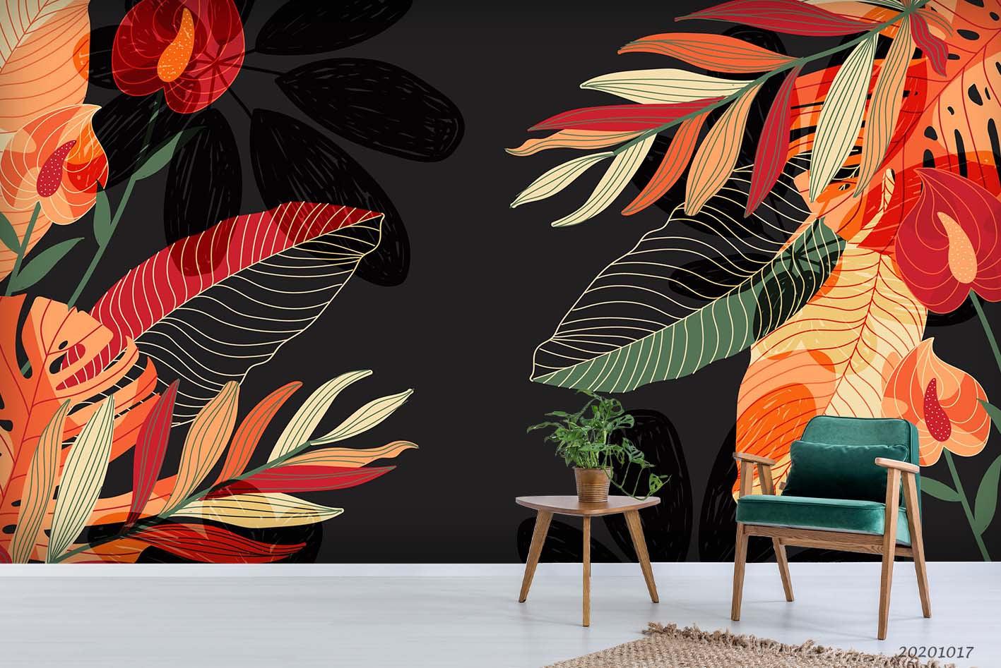 3D Hand Drawn Leaves Floral Wall Mural Wallpaper WJ 6280- Jess Art Decoration