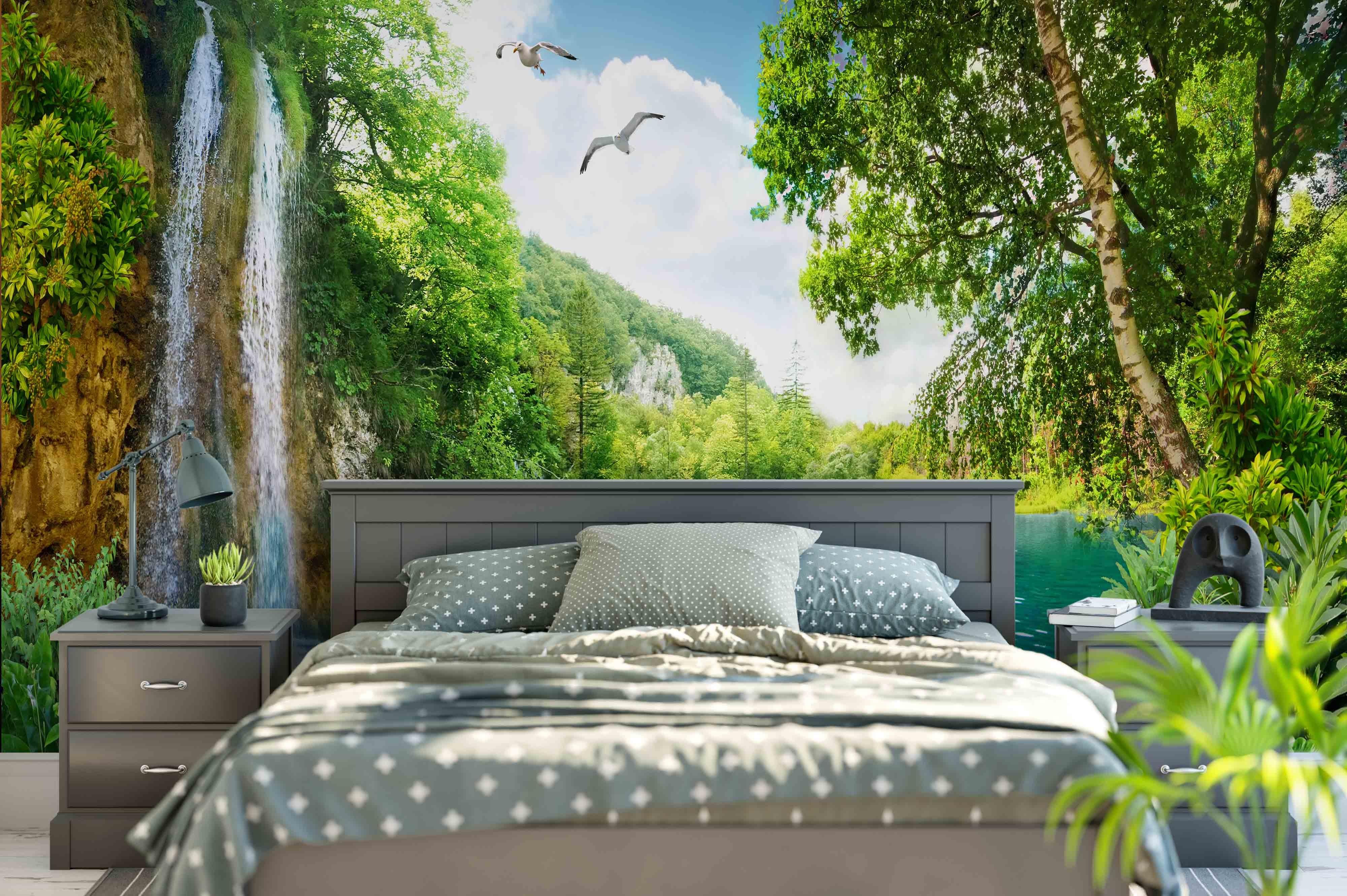 3D Waterfall Forest Bird Wall Mural Wallpaper 50- Jess Art Decoration