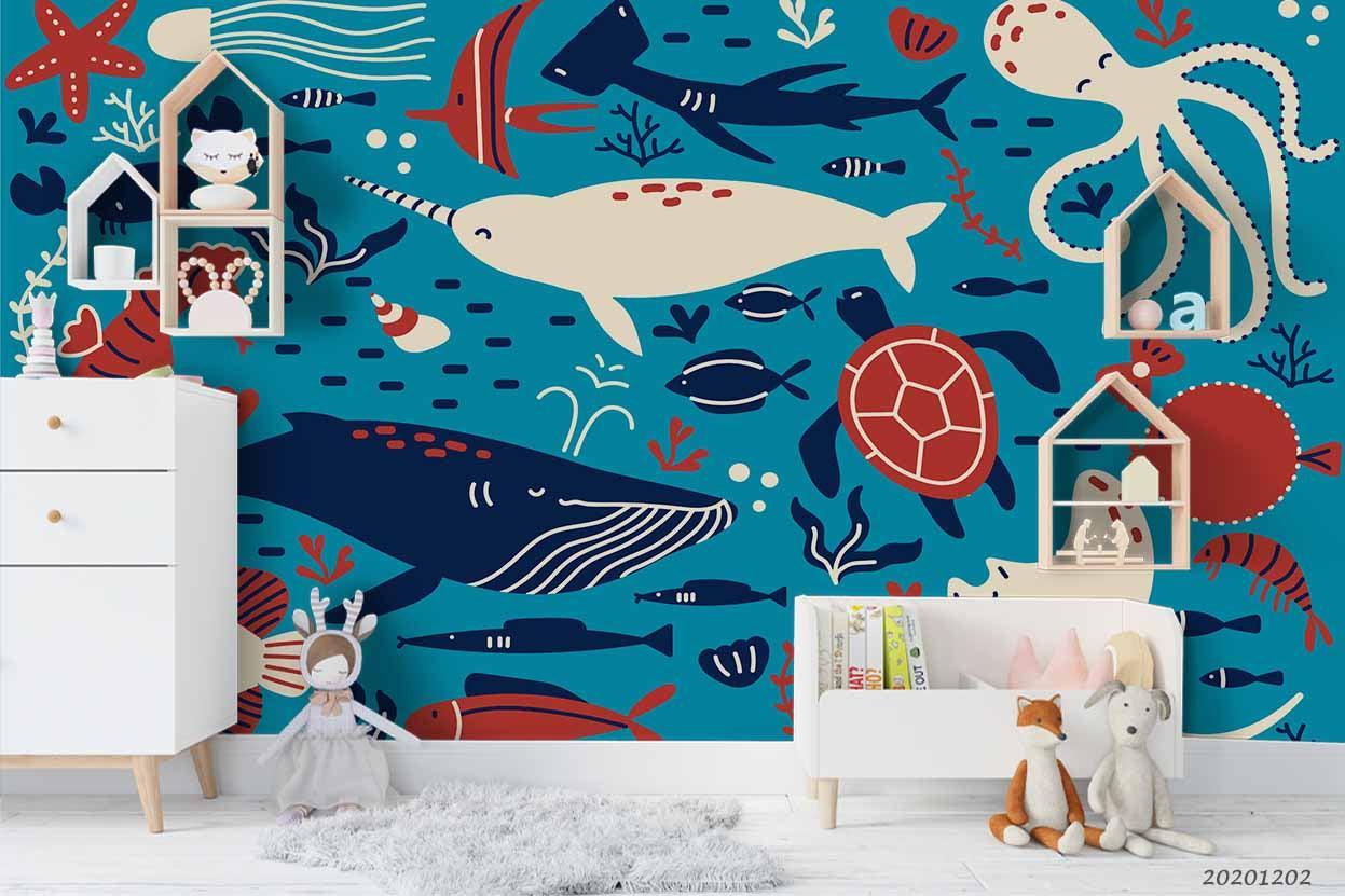 3D Cartoon Hand Drawn Colorful Ocean Octopus Whale Fish Starfish Wall Mural Wallpaper LXL- Jess Art Decoration
