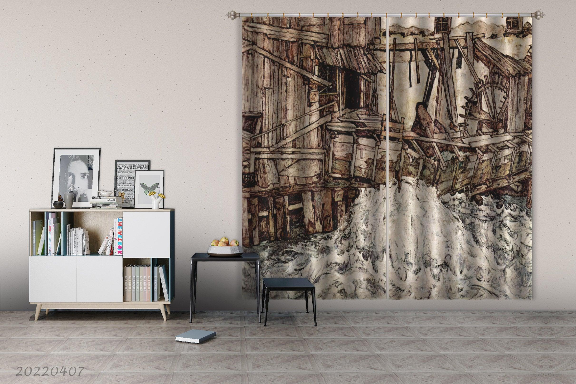 3D Wooden Waterwheel Artwork Painting Curtains and Drapes GD 3515- Jess Art Decoration