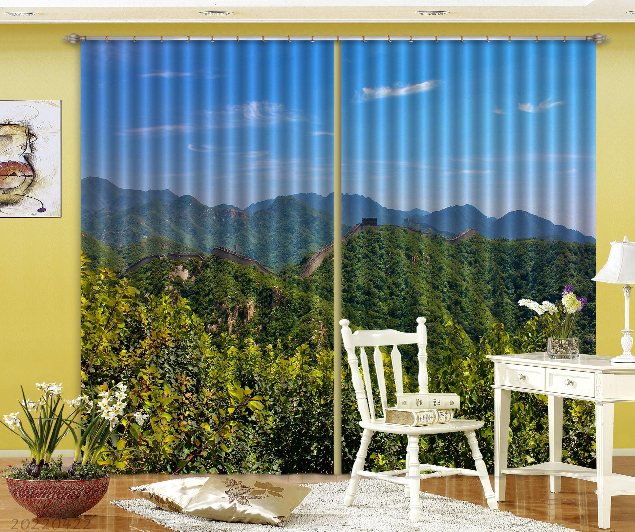 3D Landscape Mountain Forest Green Trees Wall Building Curtains and Drapes GD 4249- Jess Art Decoration