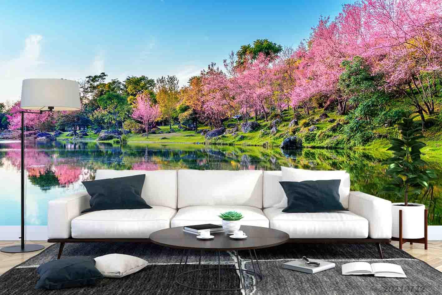 3D Park Lake Cherry Blossom Wall Mural Wallpaper LQH 534- Jess Art Decoration