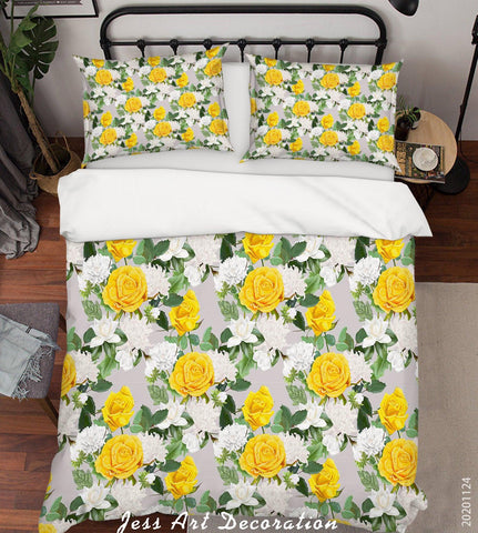3D Hand Drawn Yellow Rose Floral Plant Pattern Quilt Cover Set Bedding Set Duvet Cover Pillowcases LXL- Jess Art Decoration