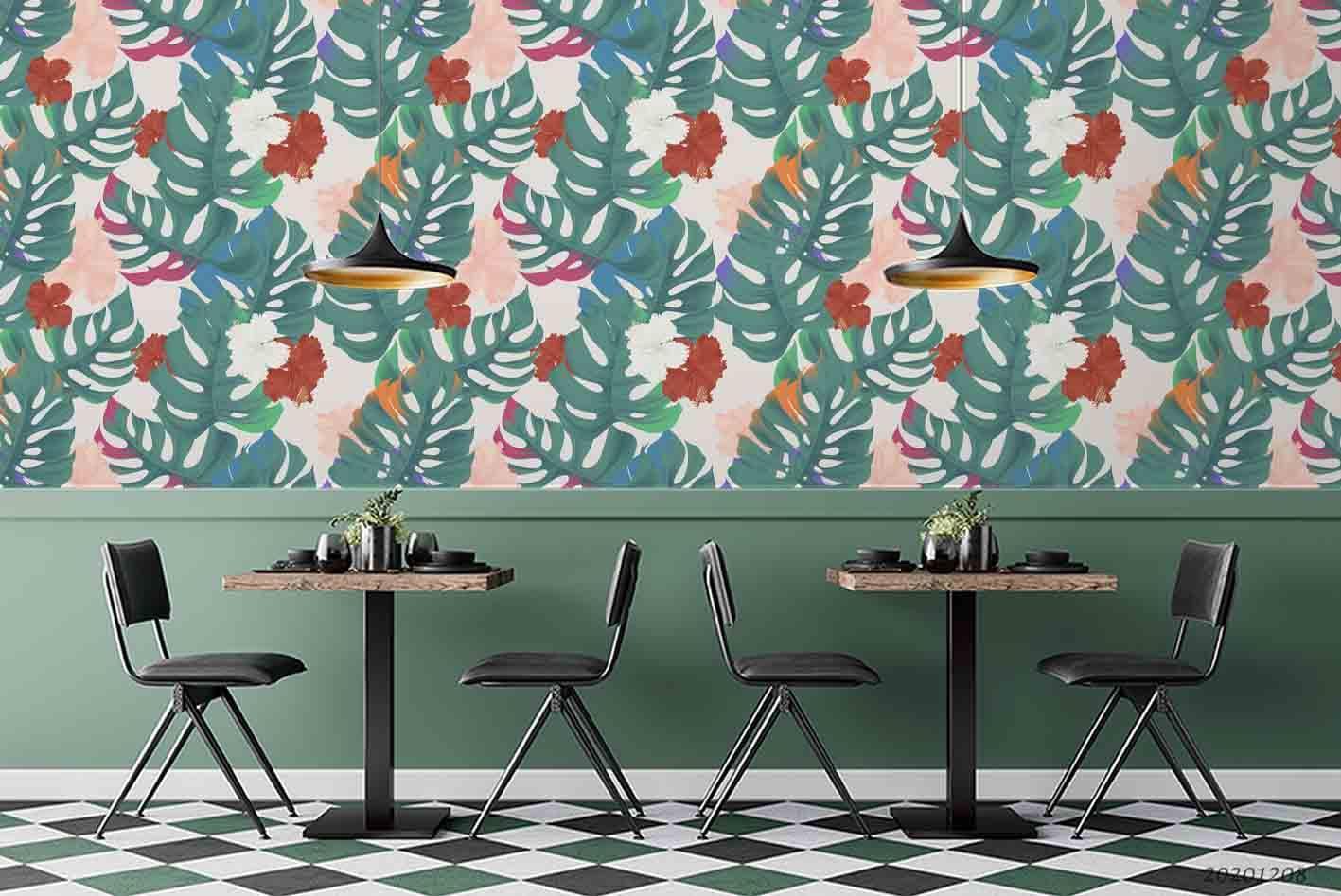 3D Hand Drawn Red Floral Green Palm Leaves Plant Pattern Wall Mural Wallpaper LXL- Jess Art Decoration