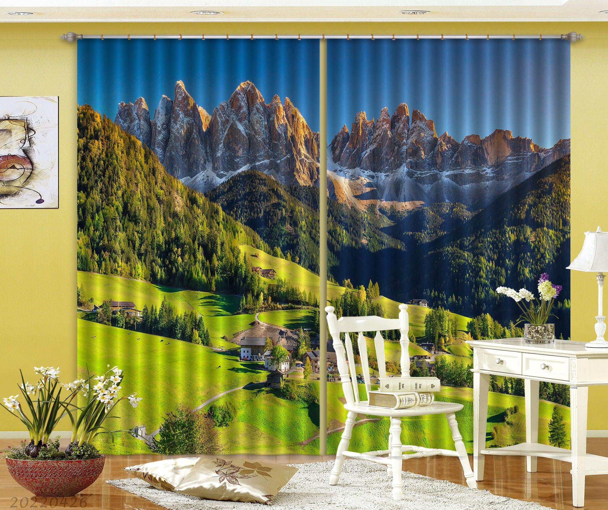 3D Landscape Mountain Peak Forest Green Trees Meadow Curtains and Drapes GD 4901- Jess Art Decoration
