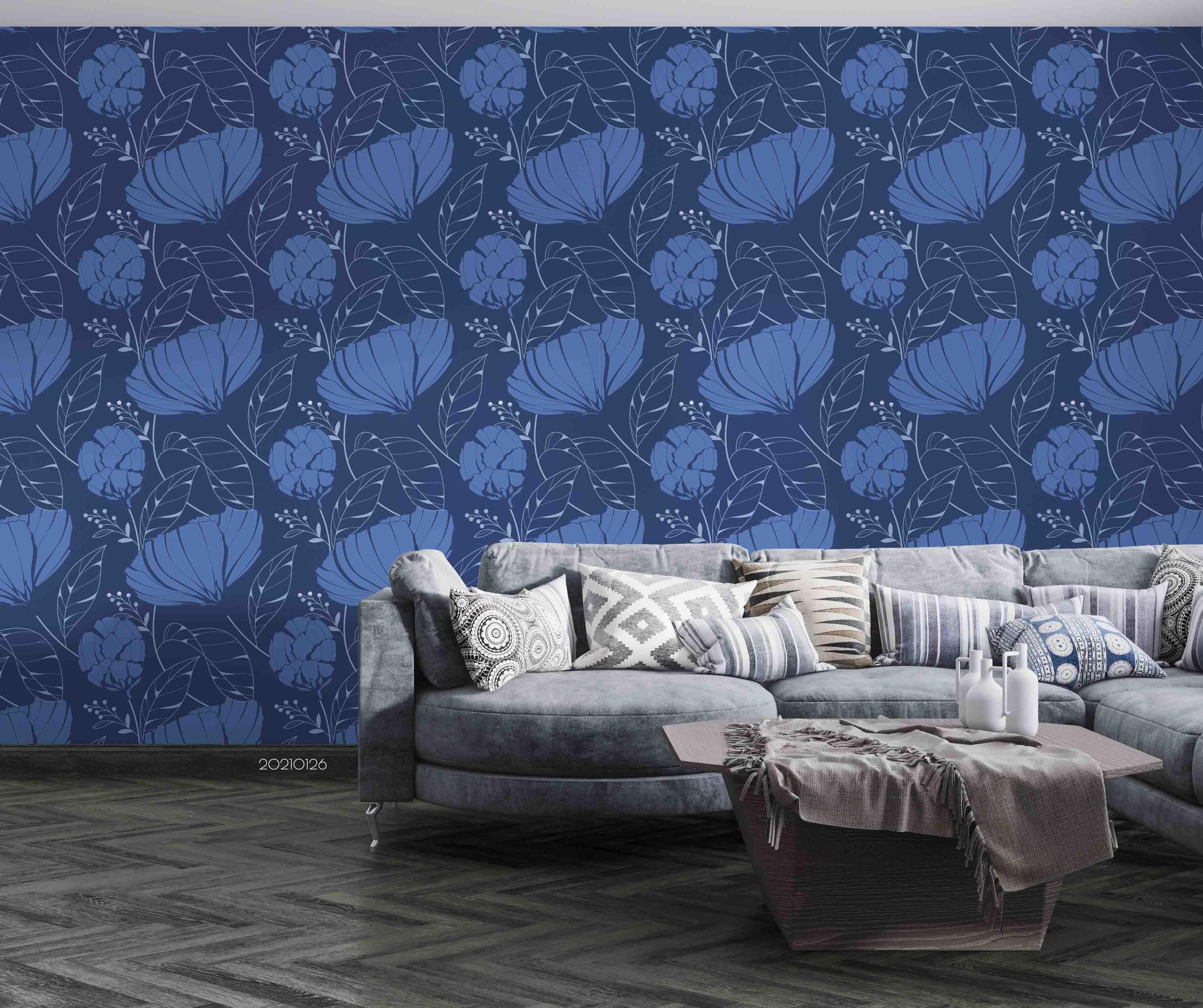 3D Hand Drawn Blue Floral Wall Mural Wallpaper LQH 15- Jess Art Decoration